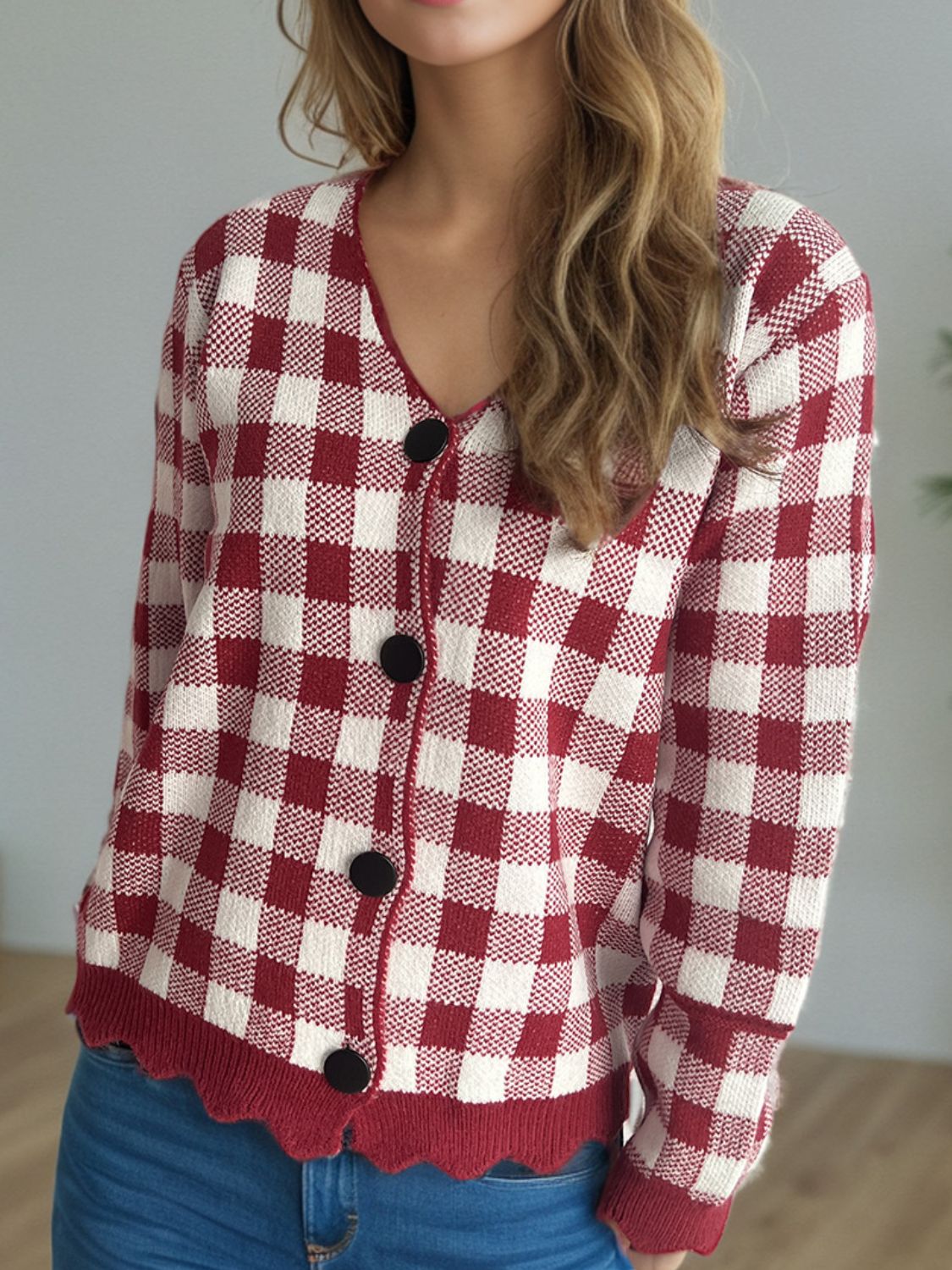 Blue Zone Planet | Plaid V-Neck Button Up Cardigan-TOPS / DRESSES-[Adult]-[Female]-Burgundy-One Size-2022 Online Blue Zone Planet