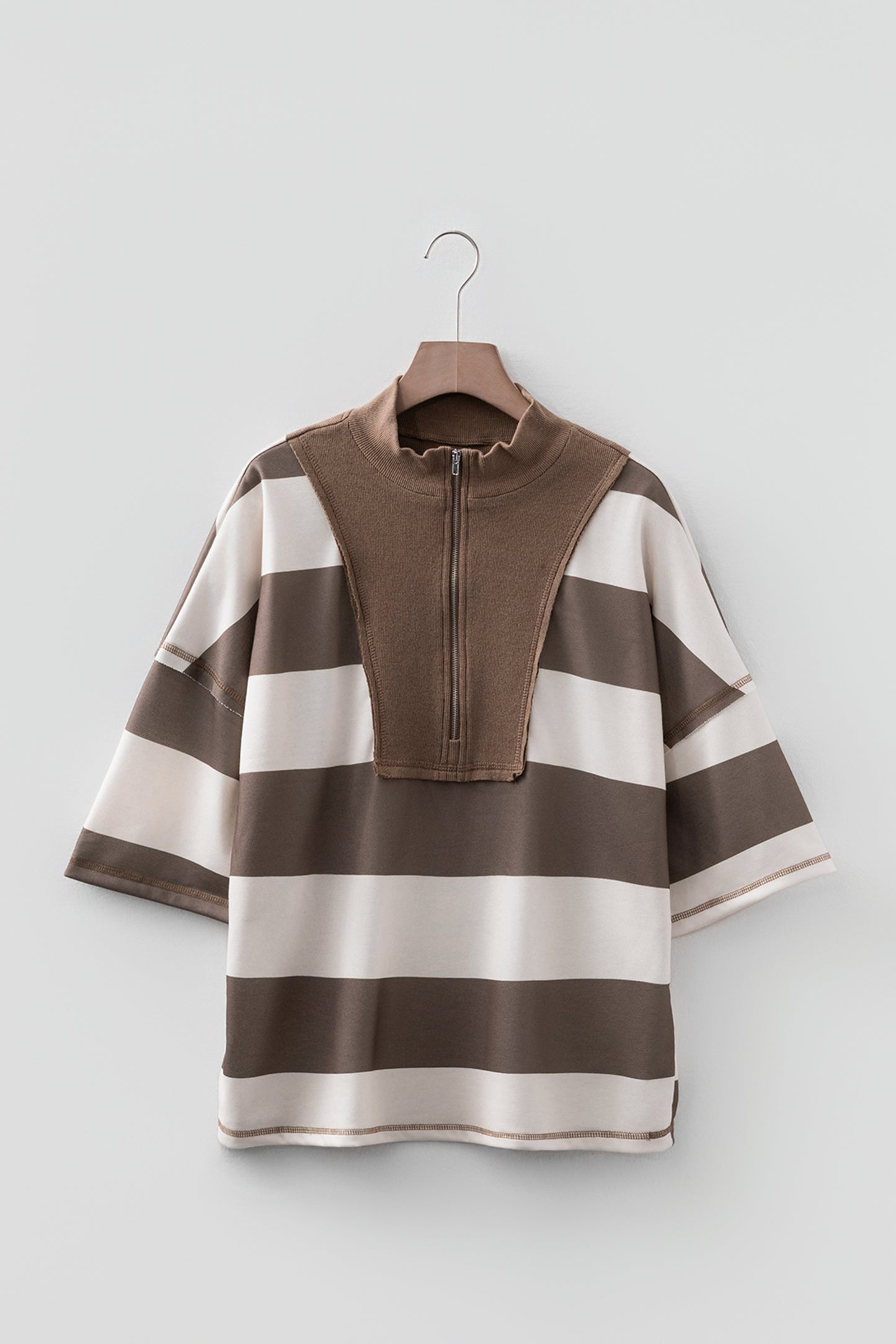 Brown Striped Color Block Zip Collar 3/4 Sleeve Oversize Sweatshirt-Tops/Sweatshirts & Hoodies-[Adult]-[Female]-2022 Online Blue Zone Planet
