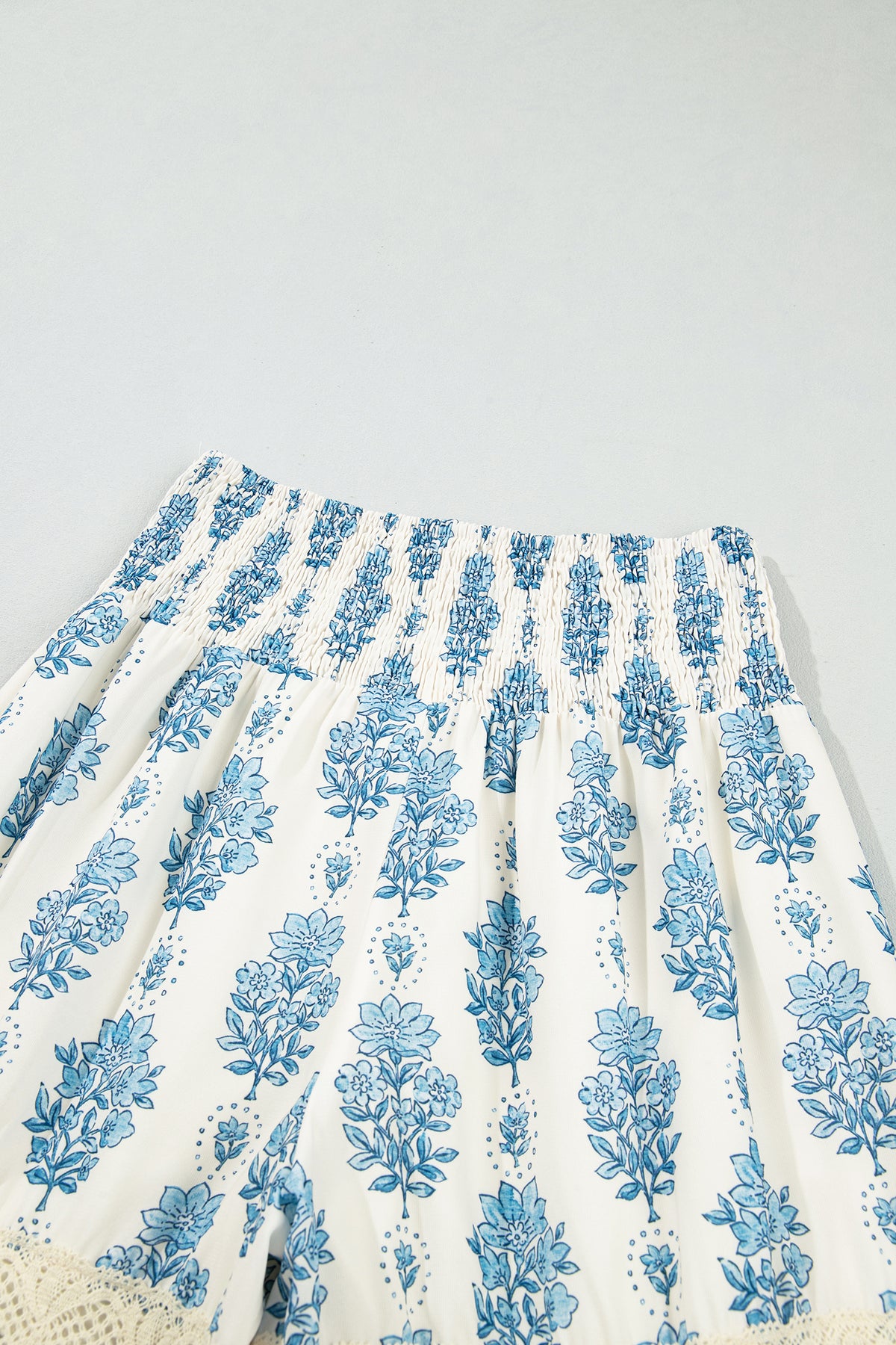 Sky Blue Floral Print Lace Patchwork Detail Wide Leg Pants-Bottoms/Pants & Culotte-[Adult]-[Female]-2022 Online Blue Zone Planet