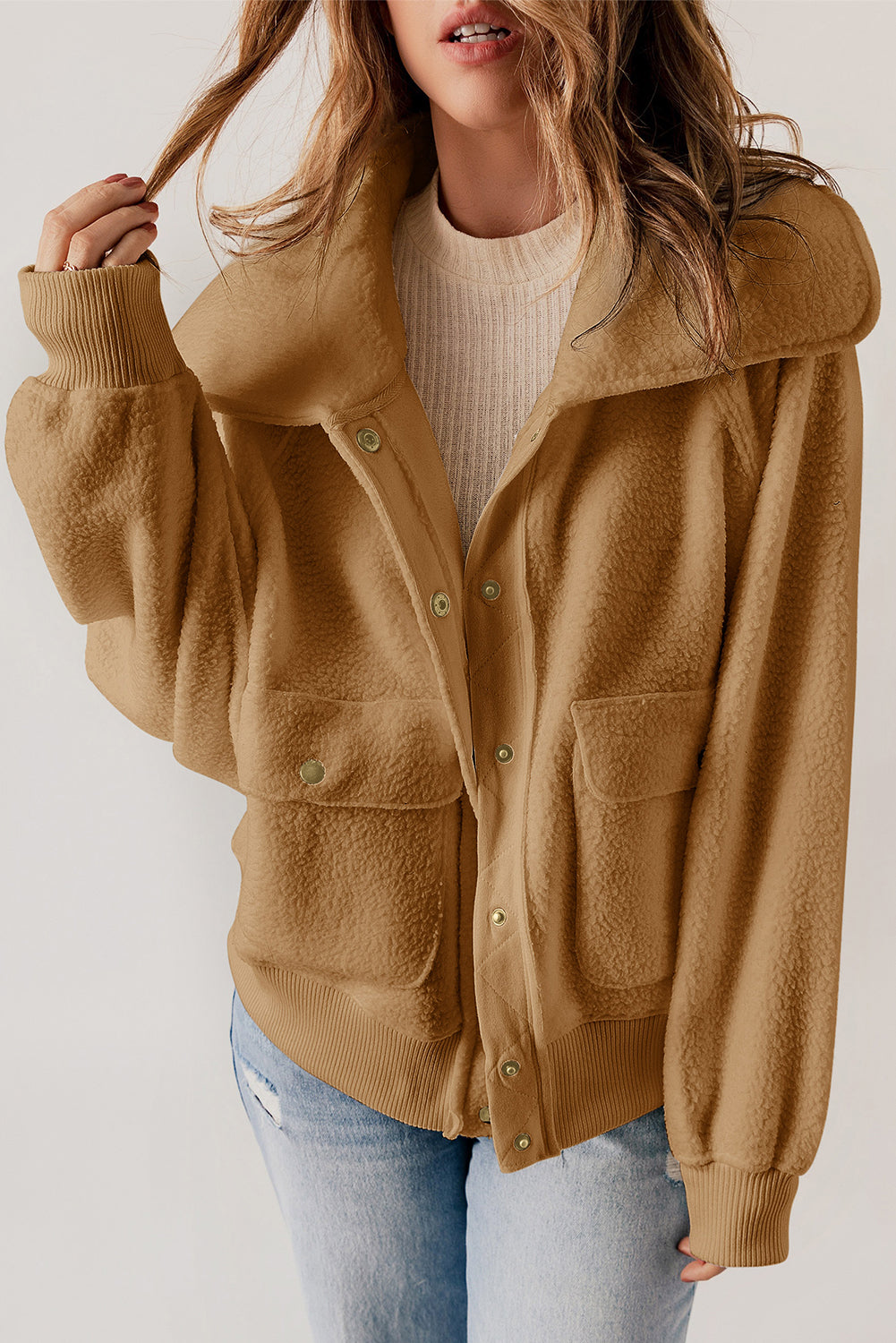 Brown Button Flap Pocket Spread Collar Fleece Jacket-Outerwear/Jackets-[Adult]-[Female]-2022 Online Blue Zone Planet