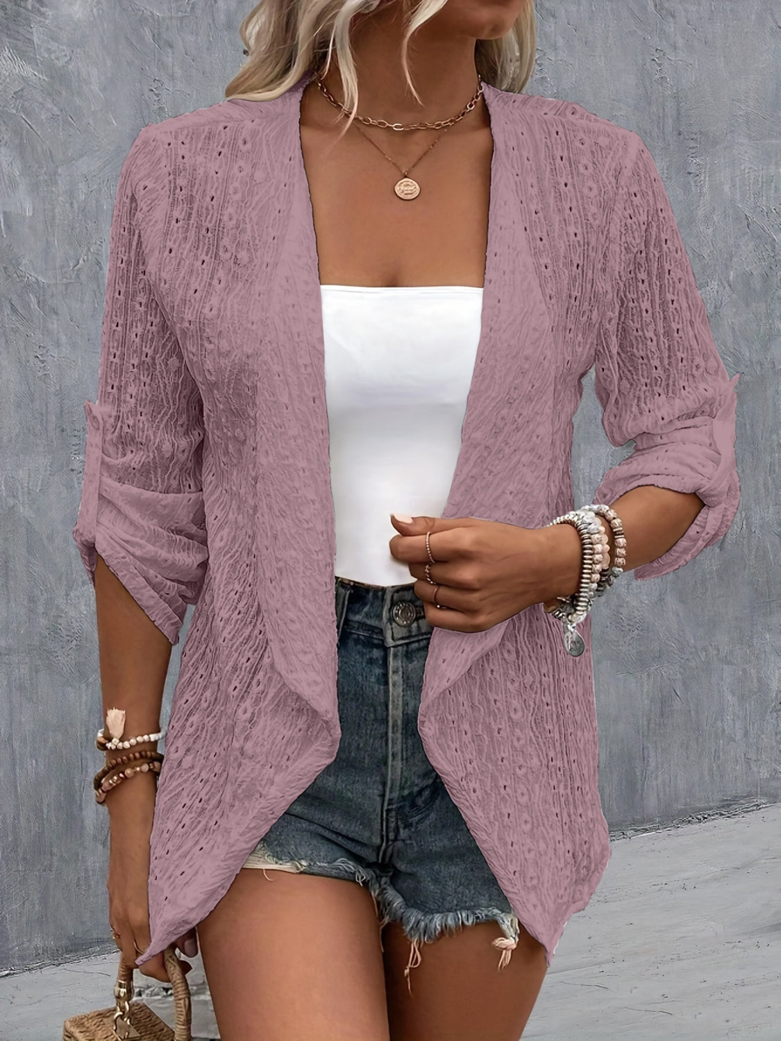 Eyelet Roll-Tab Sleeve Cardigan-TOPS / DRESSES-[Adult]-[Female]-Lilac-S-2022 Online Blue Zone Planet