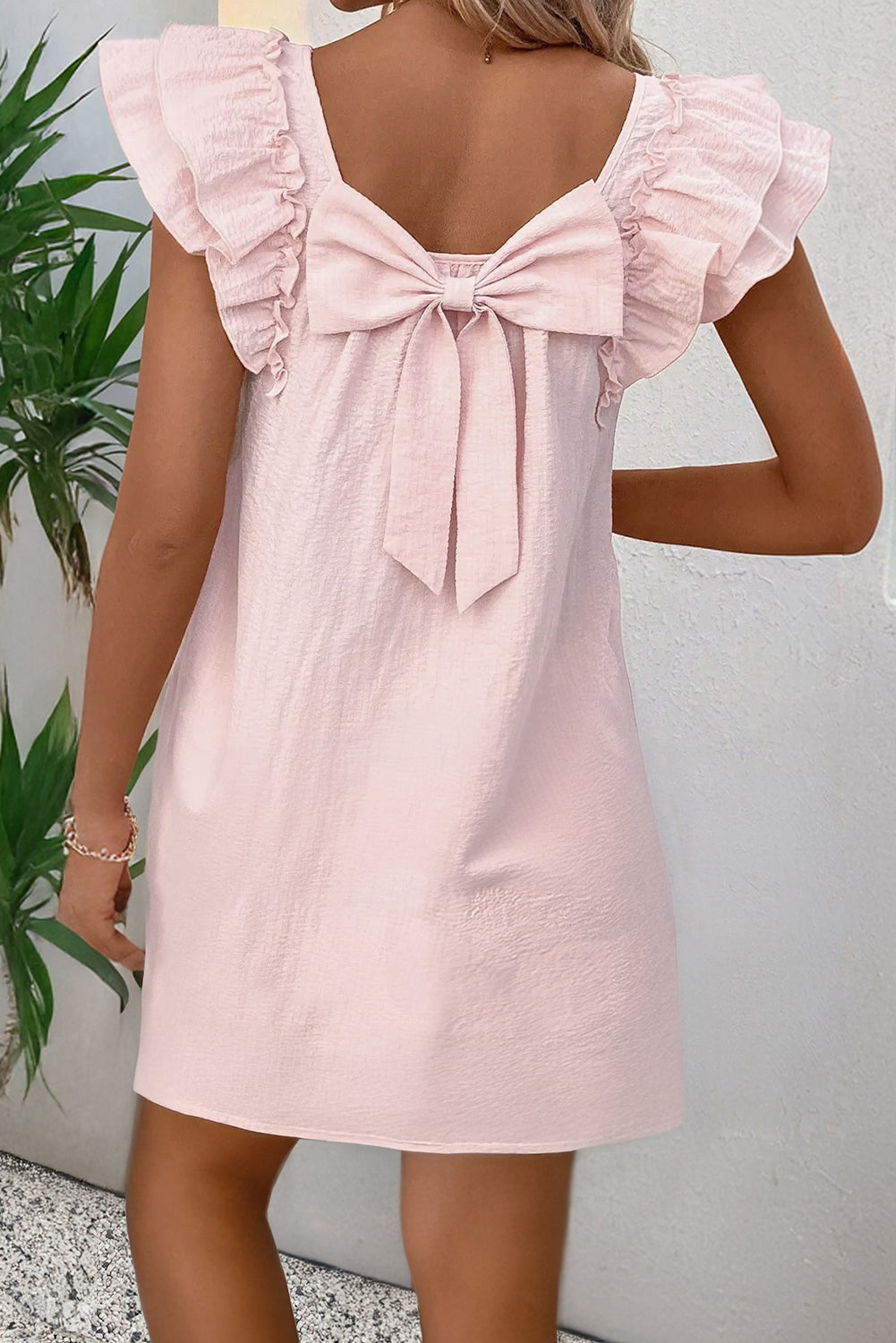knee length dresses for ladies Light Pink Textured Flutter Sleeve Square Neck Bow Back Mini Dress Light Pink / M / 95%Polyester+5%Elastane by Blue Zone Planet