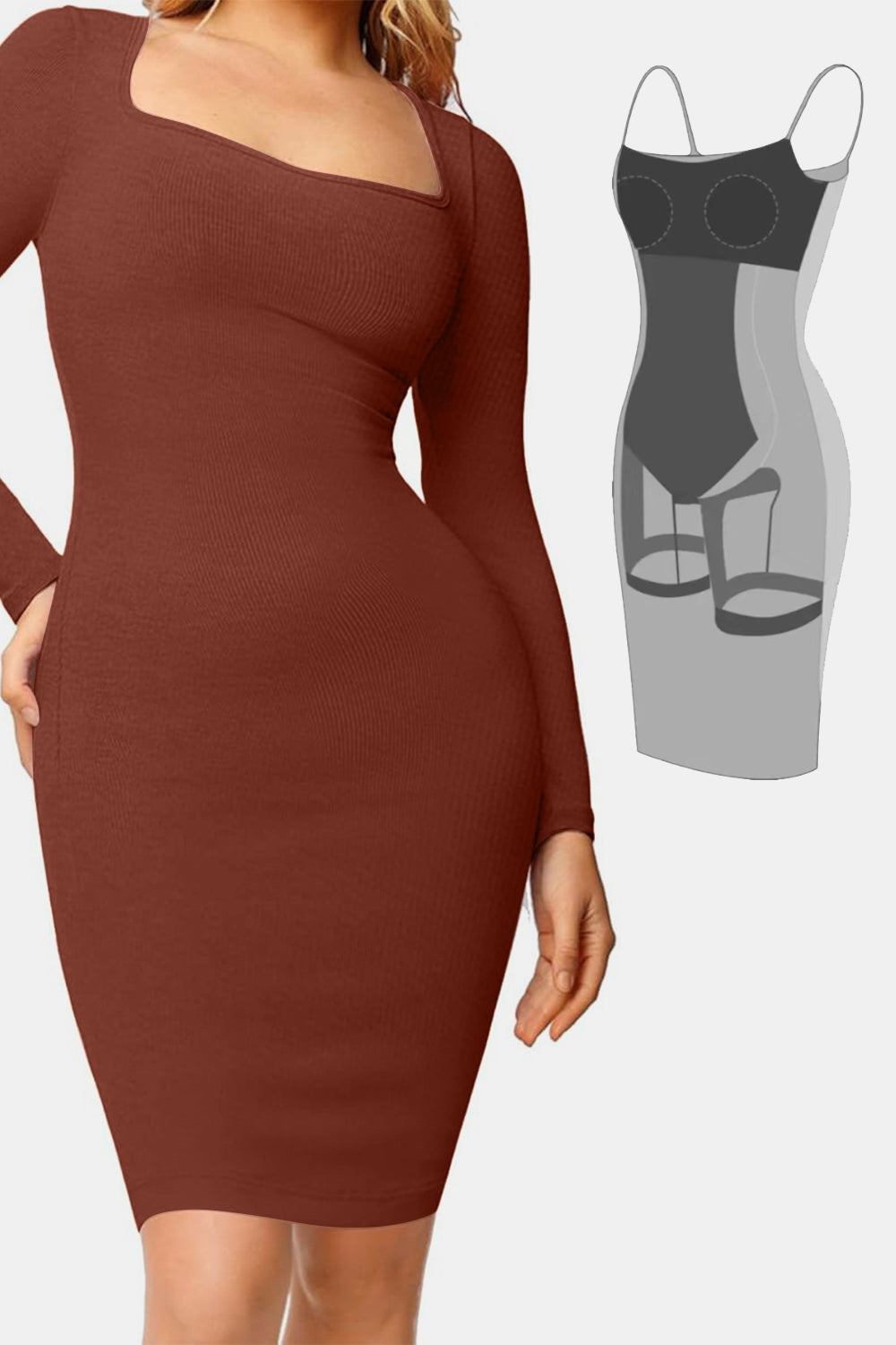 Blue Zone Planet | Basic Bae Full Size Built-In Shapewear Square Neck Long Sleeve Dress-TOPS / DRESSES-[Adult]-[Female]-Dark Brown-S-2022 Online Blue Zone Planet