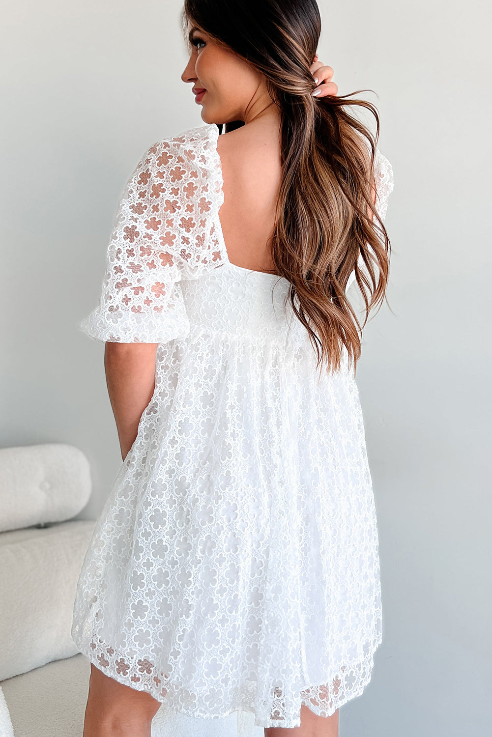 White Floral Lace Puff Sleeve Empire Waist Mini Dress-TOPS / DRESSES-[Adult]-[Female]-2022 Online Blue Zone Planet
