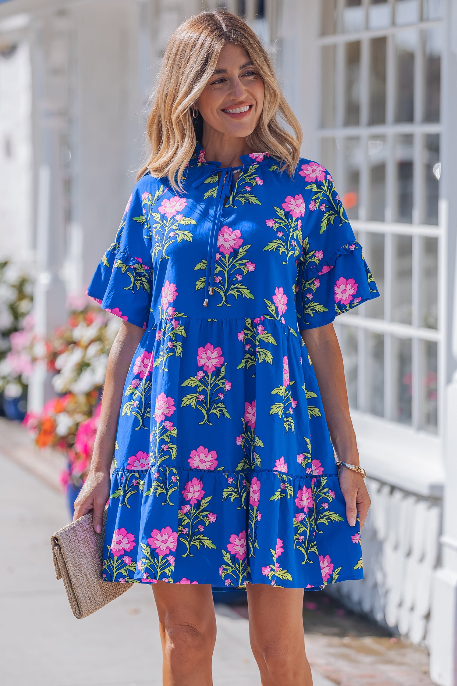 Blue V Neck Short Sleeve Loose Flower Dress-TOPS / DRESSES-[Adult]-[Female]-2022 Online Blue Zone Planet