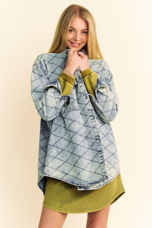 Davi & Dani Curved Hem Diamond Quilted Button Up Denim Shacket-TOPS / DRESSES-[Adult]-[Female]-2022 Online Blue Zone Planet