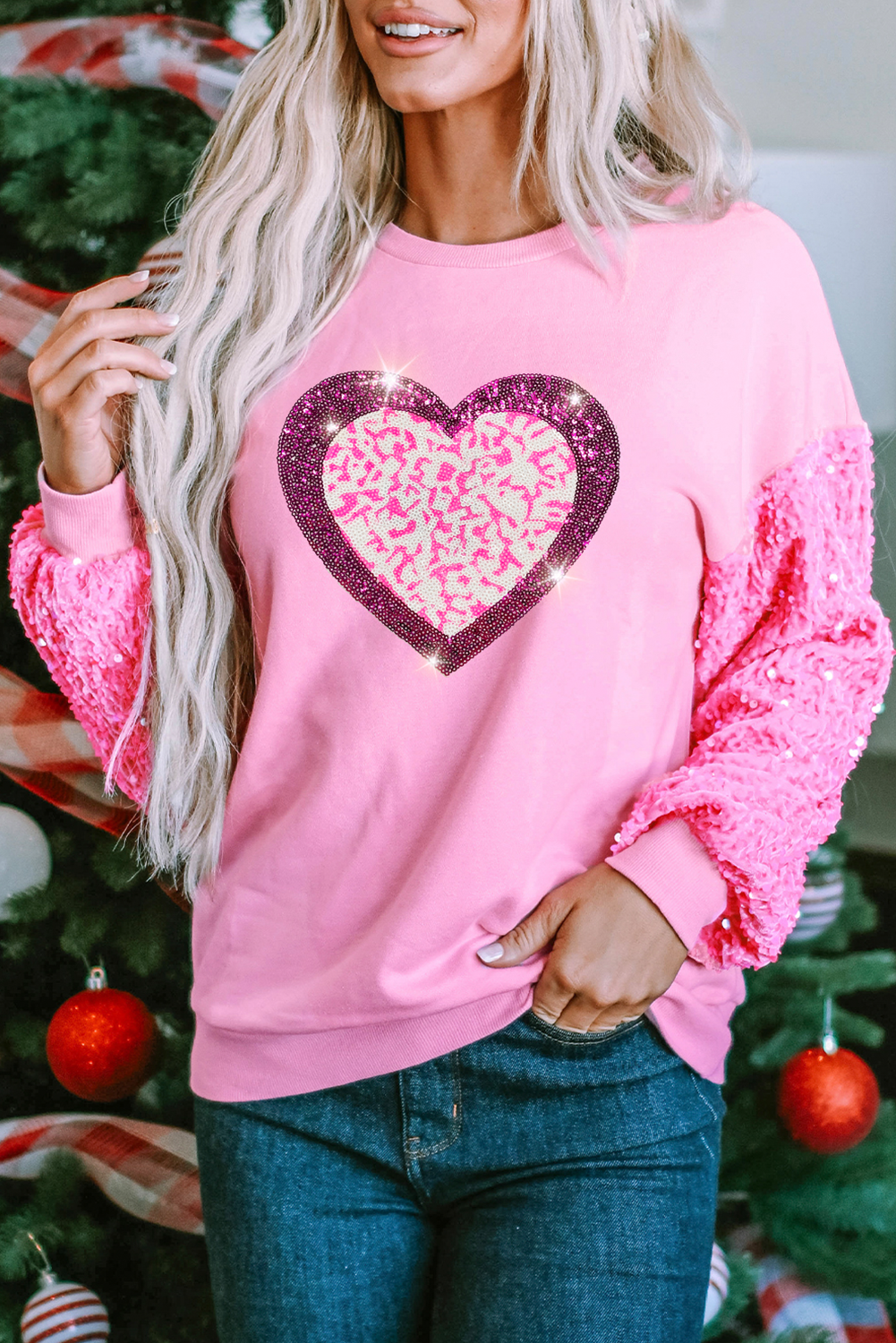Pink Leopard Heart Graphic Sequin Patchwork Long Sleeve Valentines Top-Graphic/Graphic Long Sleeve Tees-[Adult]-[Female]-Pink-S-2022 Online Blue Zone Planet