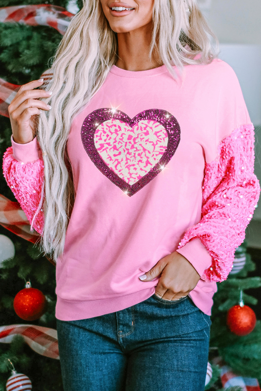Pink Leopard Heart Graphic Sequin Patchwork Long Sleeve Valentines Top-Graphic/Graphic Long Sleeve Tees-[Adult]-[Female]-Pink-S-2022 Online Blue Zone Planet