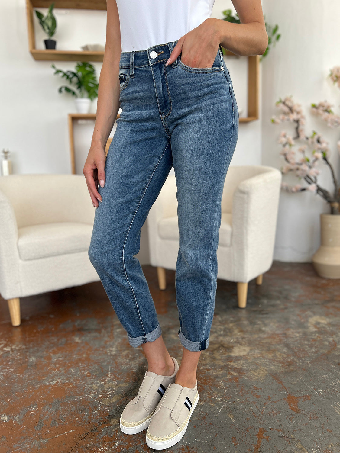 Judy Blue Full Size Cuffed Hem Slim Jeans-BOTTOMS SIZES SMALL MEDIUM LARGE-[Adult]-[Female]-2022 Online Blue Zone Planet