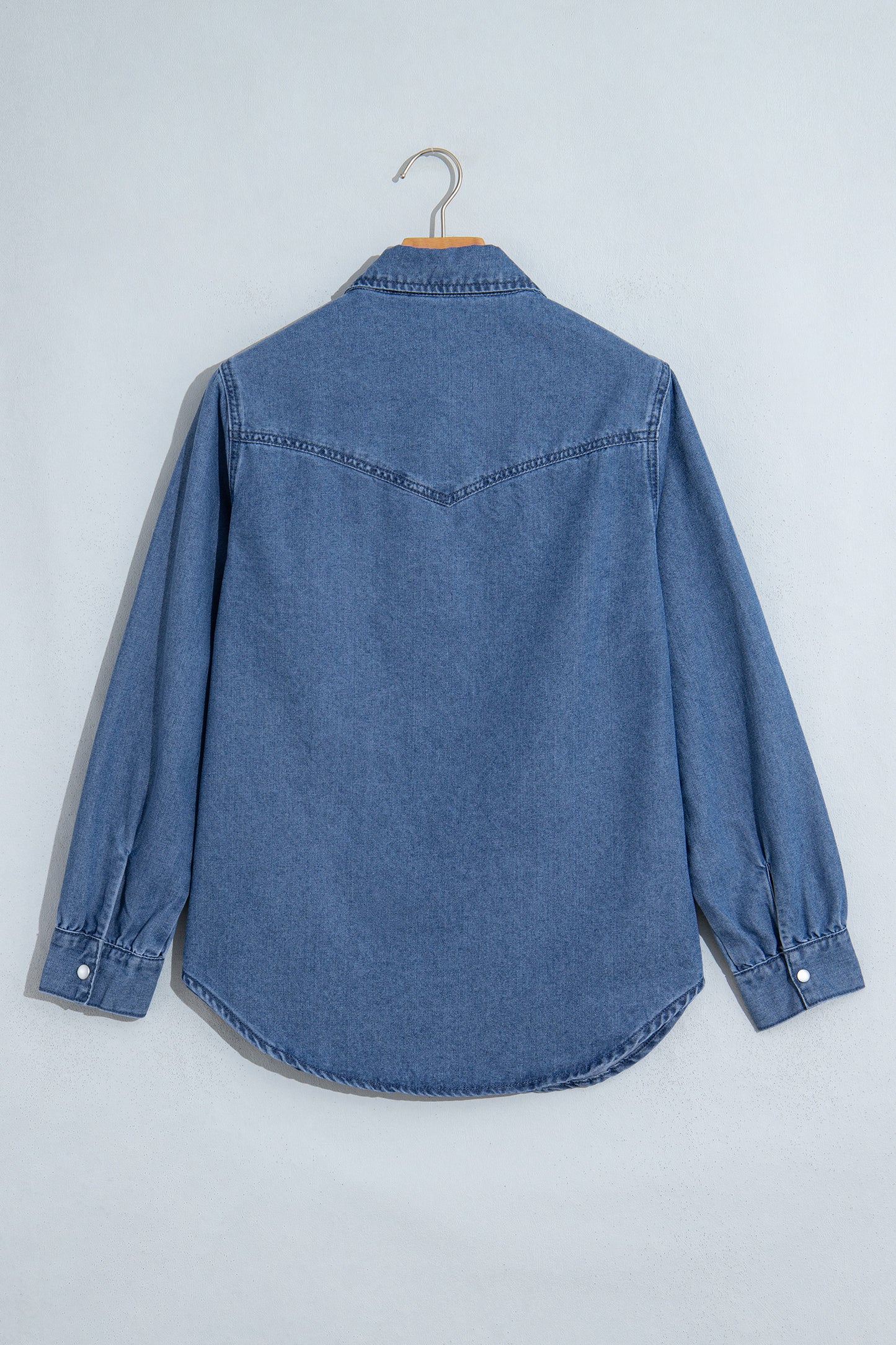 Dusk Blue Western Embroidered Collar Long Sleeve Denim Shirt-Tops/Blouses & Shirts-[Adult]-[Female]-2022 Online Blue Zone Planet
