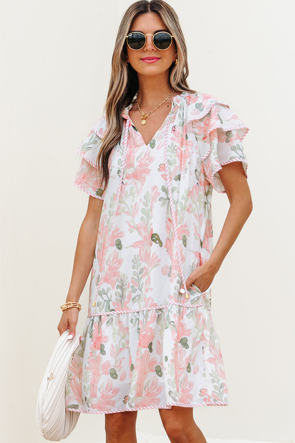 Pink Floral Contrast Edge Layered Short Sleeve Mini Dress-TOPS / DRESSES-[Adult]-[Female]-2022 Online Blue Zone Planet
