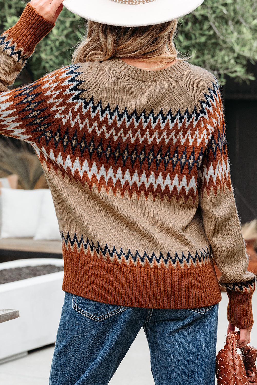 Khaki Aztec Print Colorblock Crew Neck Sweater-TOPS / DRESSES-[Adult]-[Female]-2022 Online Blue Zone Planet