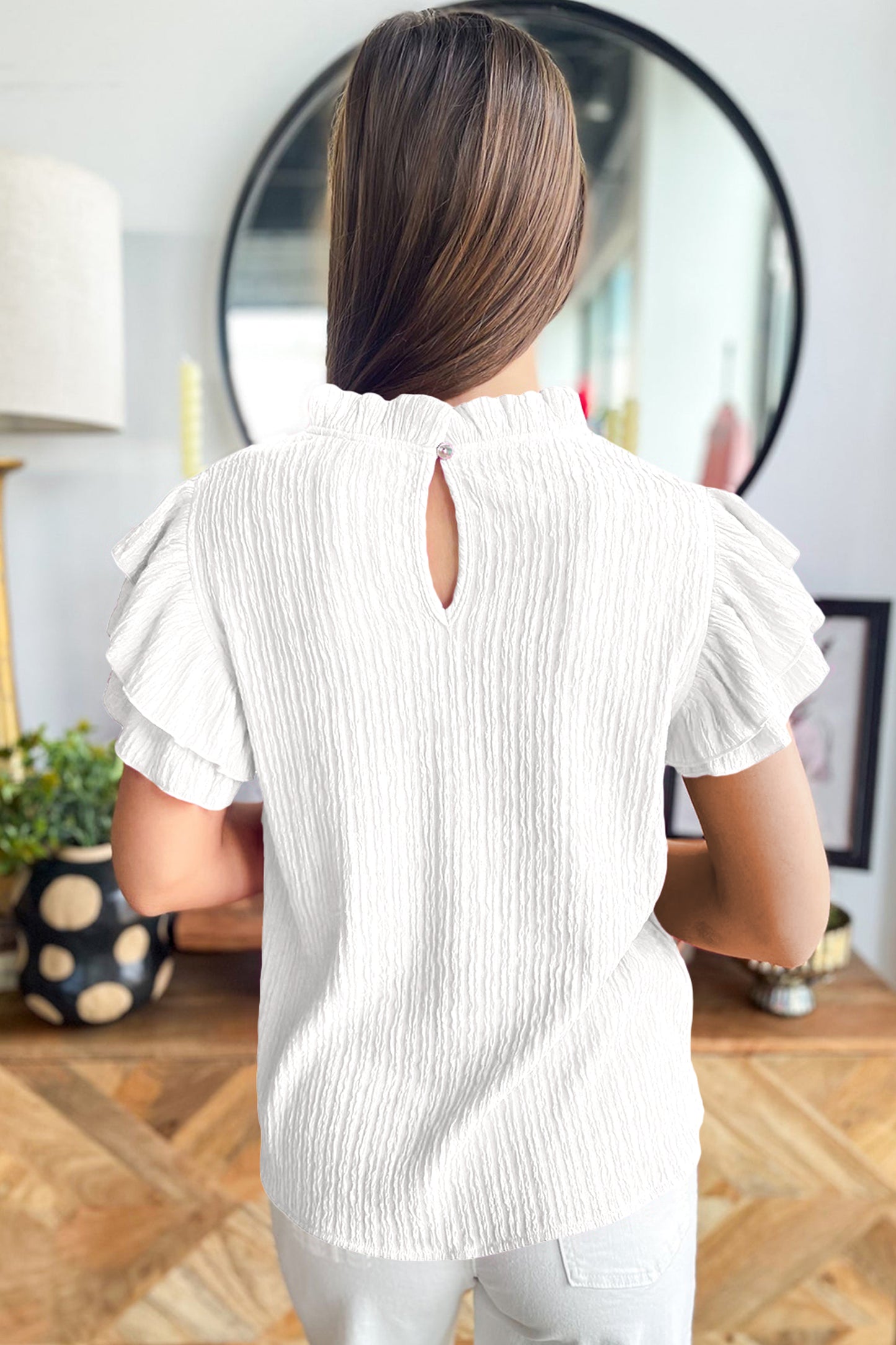 White Solid Color Textured Ruffle Trim Short Sleeve Blouse-Tops/Blouses & Shirts-[Adult]-[Female]-2022 Online Blue Zone Planet