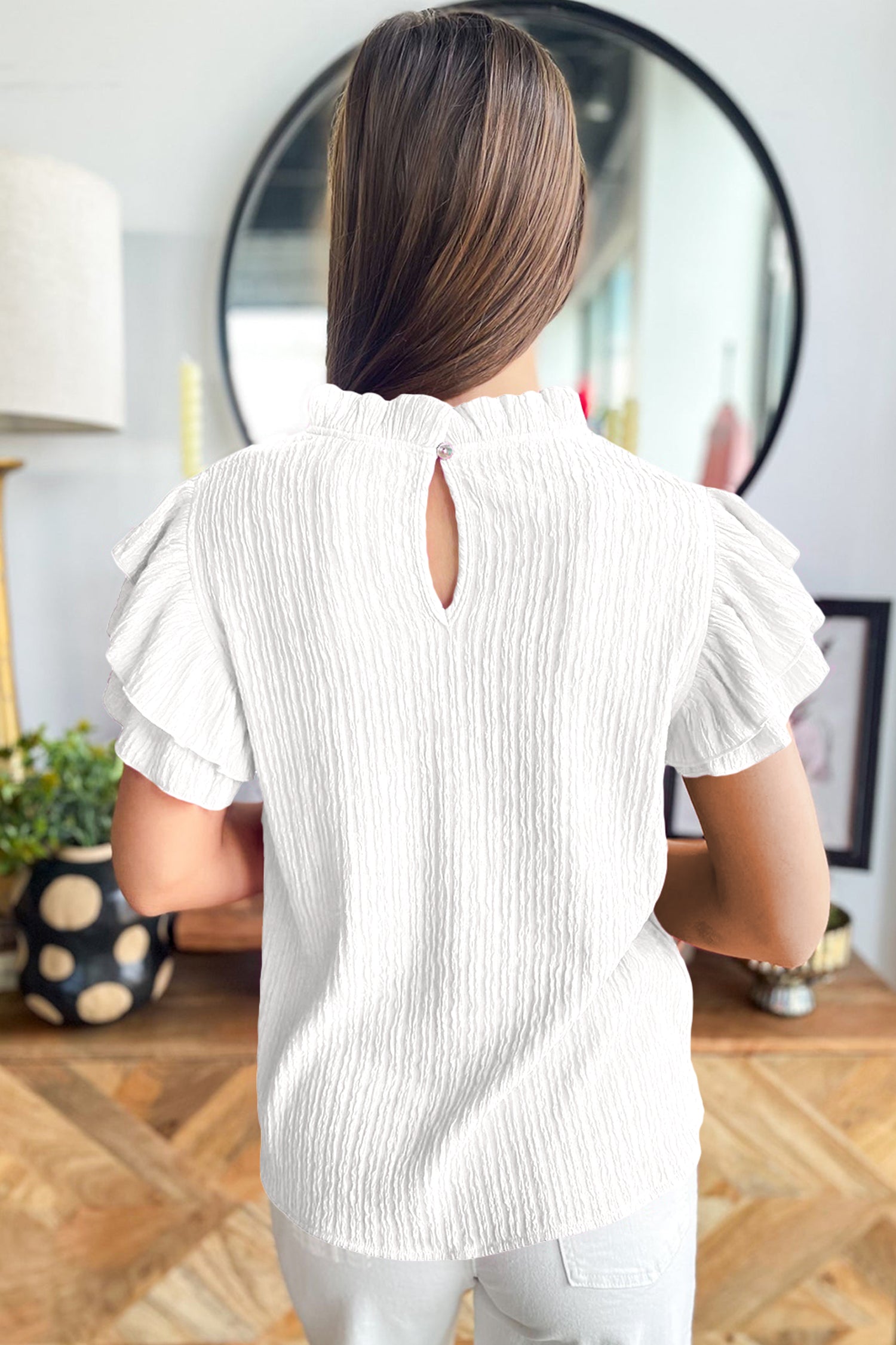 White Solid Color Textured Ruffle Trim Short Sleeve Blouse-Tops/Blouses & Shirts-[Adult]-[Female]-2022 Online Blue Zone Planet
