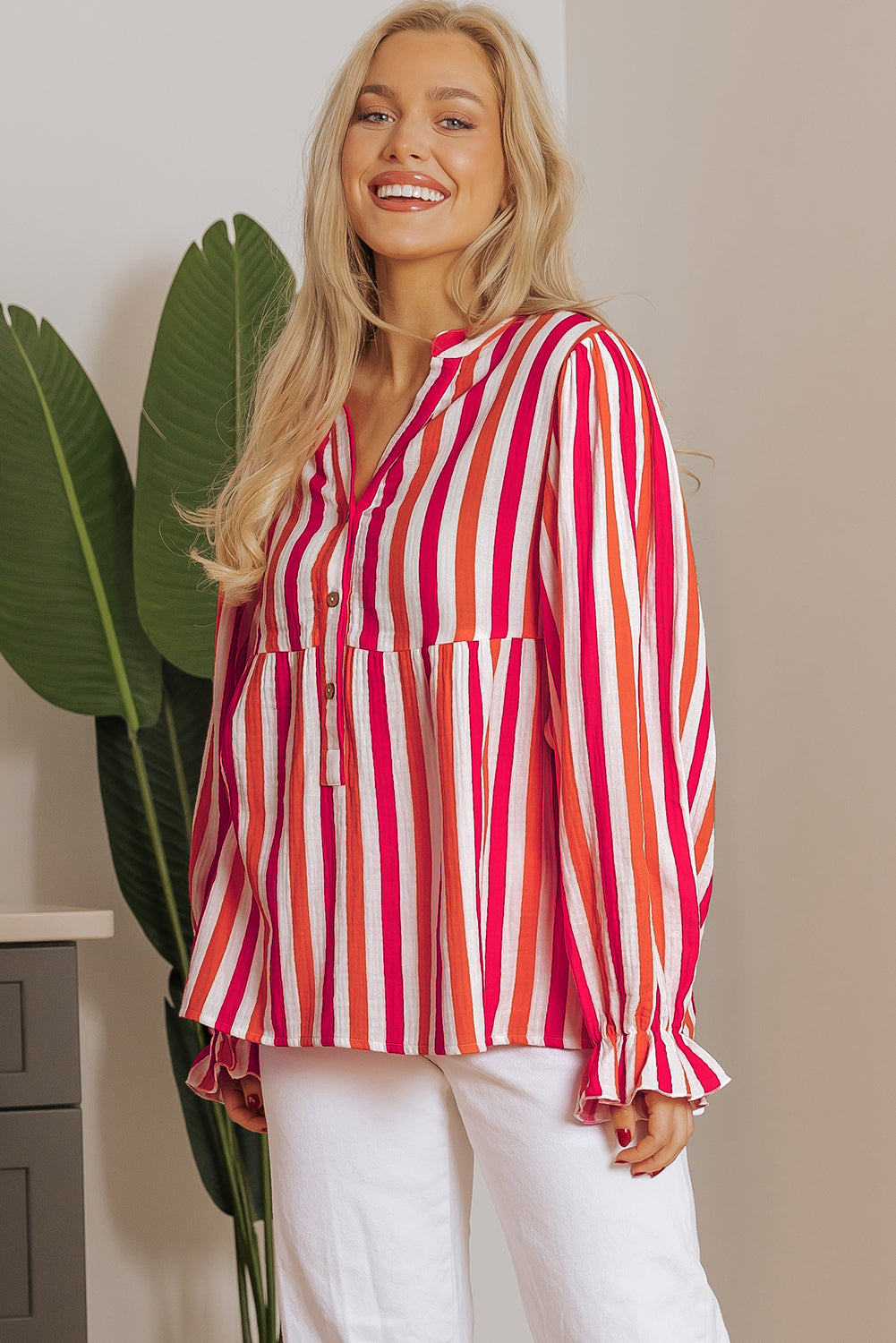 Blue Zone Planet | Orange Stripe Balloon Sleeve Notched V Neck Buttoned Front Blouse-Tops/Blouses & Shirts-[Adult]-[Female]-2022 Online Blue Zone Planet