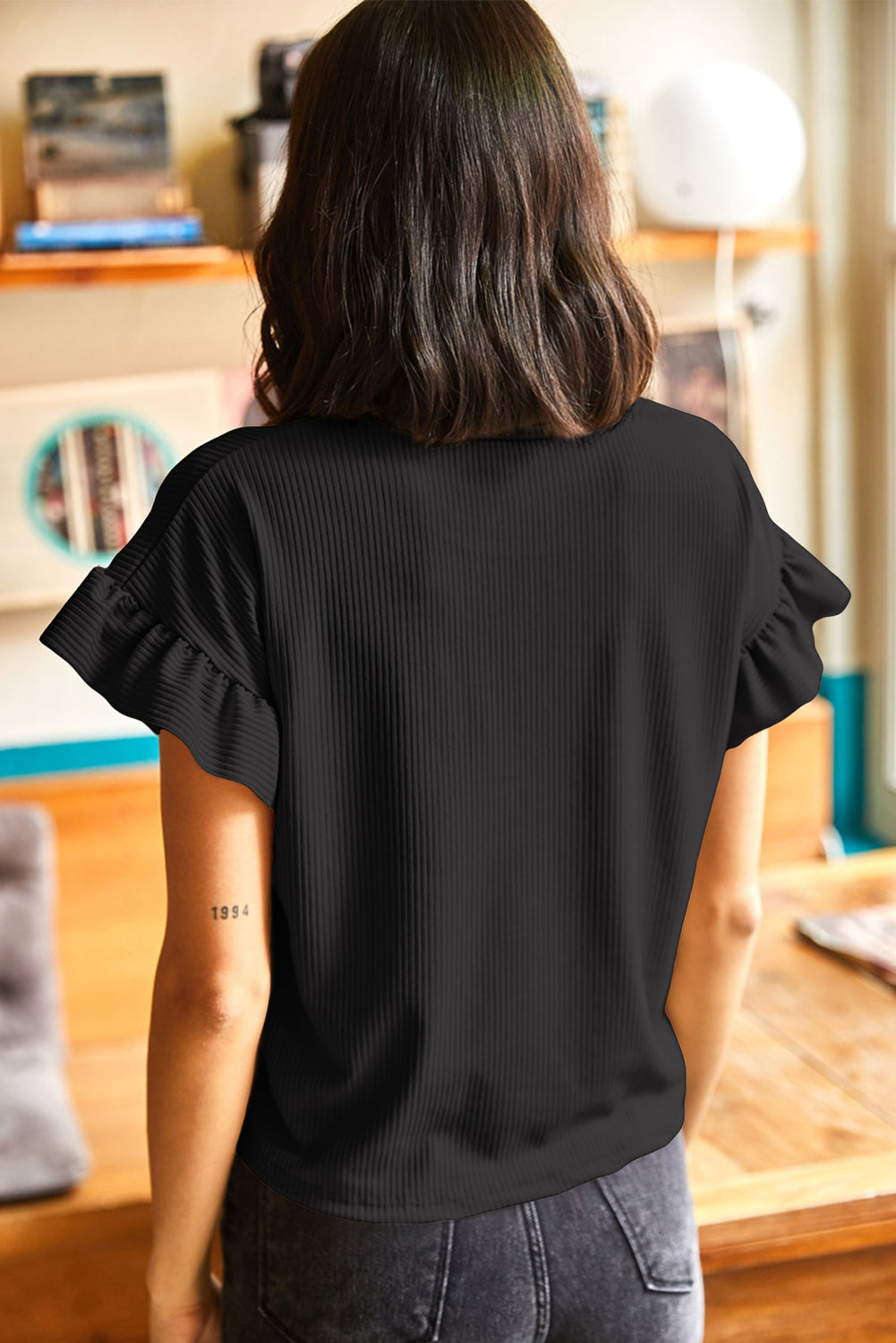 Black Solid Color Ribbed Ruffled Short Sleeve T Shirt-Tops/Tops & Tees-[Adult]-[Female]-2022 Online Blue Zone Planet