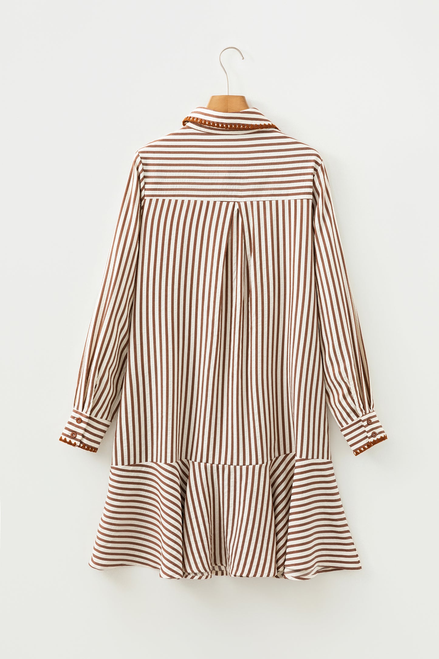 Khaki Stripe Shirt Collar Embroidered Trim Ruffle Hem Long Sleeve Mini Dress-TOPS / DRESSES-[Adult]-[Female]-2022 Online Blue Zone Planet