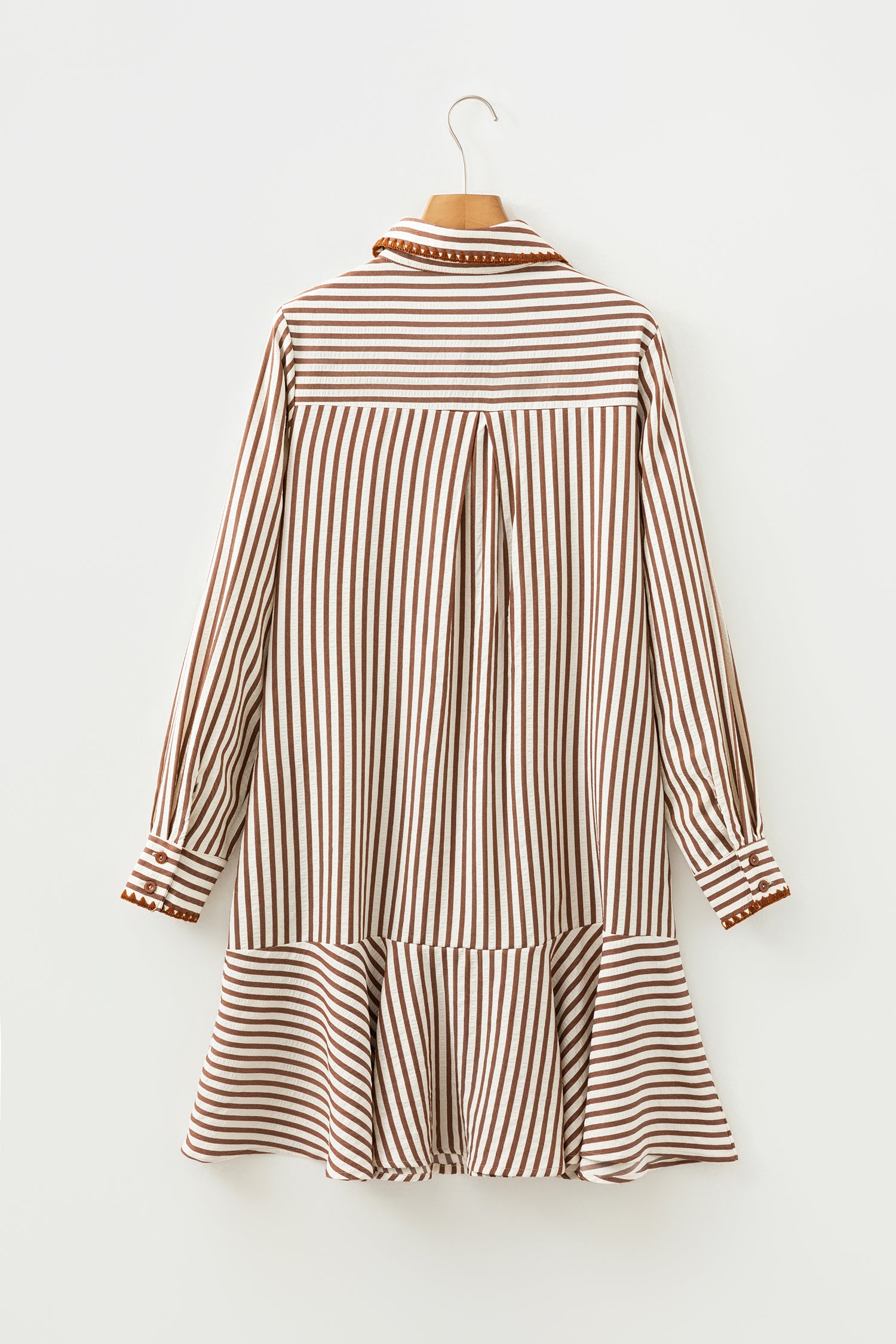 Khaki Stripe Shirt Collar Embroidered Trim Ruffle Hem Long Sleeve Mini Dress-TOPS / DRESSES-[Adult]-[Female]-2022 Online Blue Zone Planet