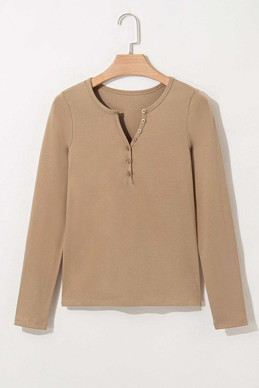Pale Khaki Long Sleeve Buttons V Neck Slim Fit Top-Tops/Long Sleeve Tops-[Adult]-[Female]-2022 Online Blue Zone Planet