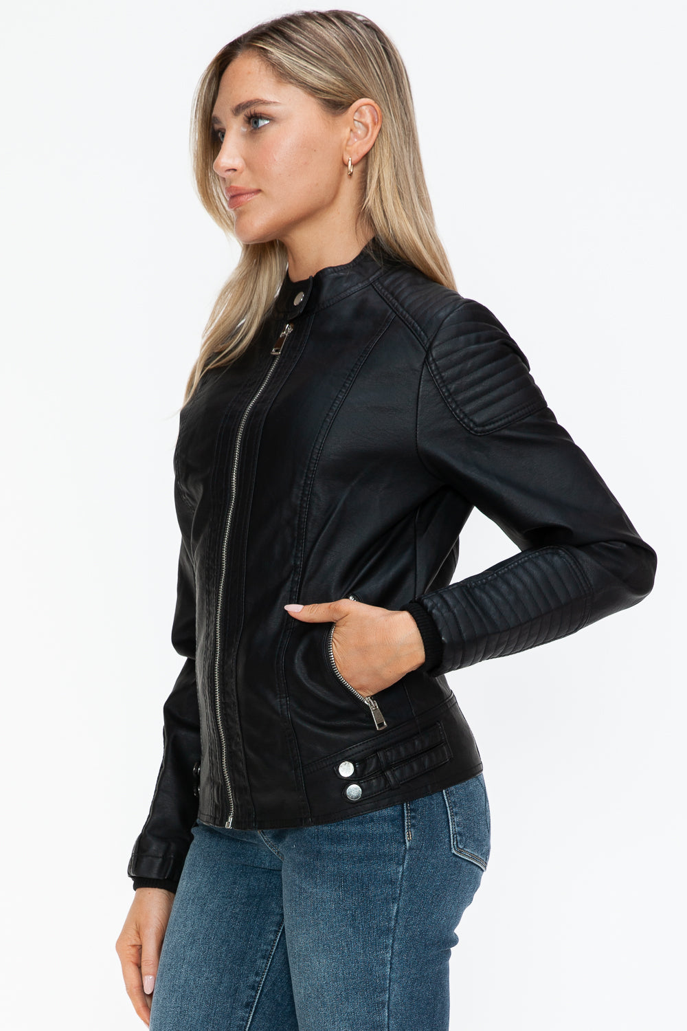 Blue Zone Planet | Snobbish Faux Leather Biker Jacket with Side Zip Pockets-TOPS / DRESSES-[Adult]-[Female]-2022 Online Blue Zone Planet