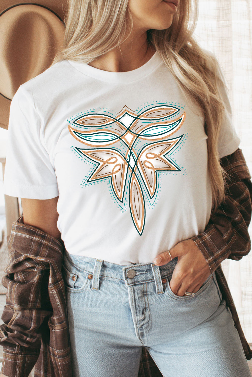 White Western Stitch Pattern Printed Cotton Blend Tee-Graphic/Graphic Tees-[Adult]-[Female]-White-S-2022 Online Blue Zone Planet