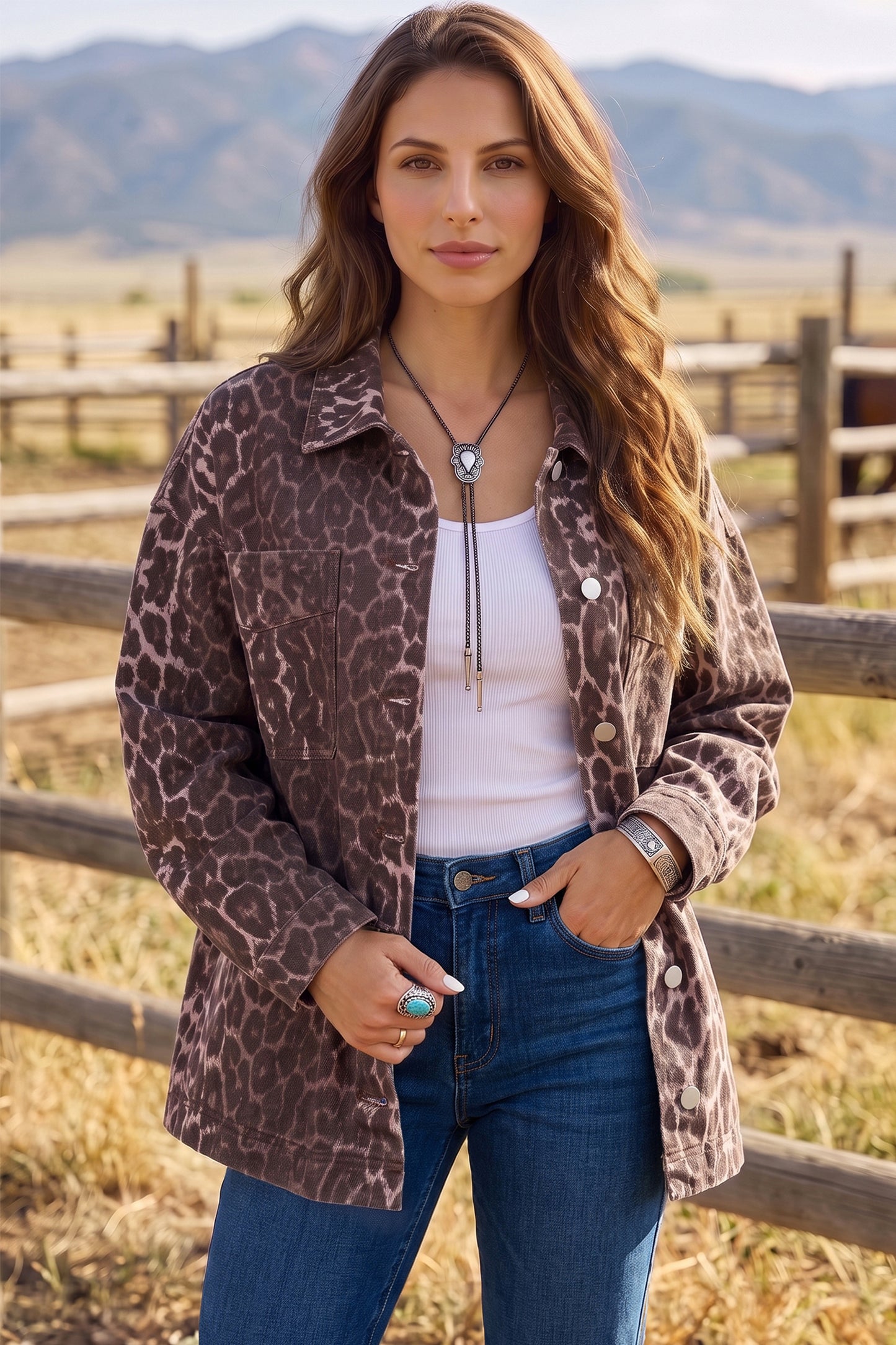 Khaki Oversized Leopard Print Long Sleeve Patch Pocket Denim Jacket-Outerwear/Denim jackets-[Adult]-[Female]-2022 Online Blue Zone Planet