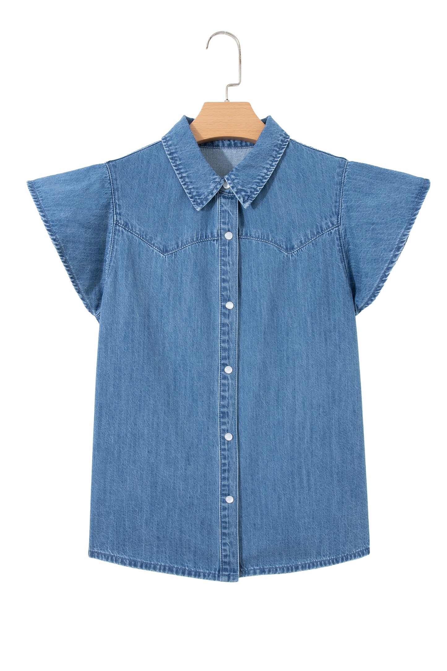 Dusk Blue Ruffled Short Sleeve Denim Shirt-Tops/Blouses & Shirts-[Adult]-[Female]-2022 Online Blue Zone Planet