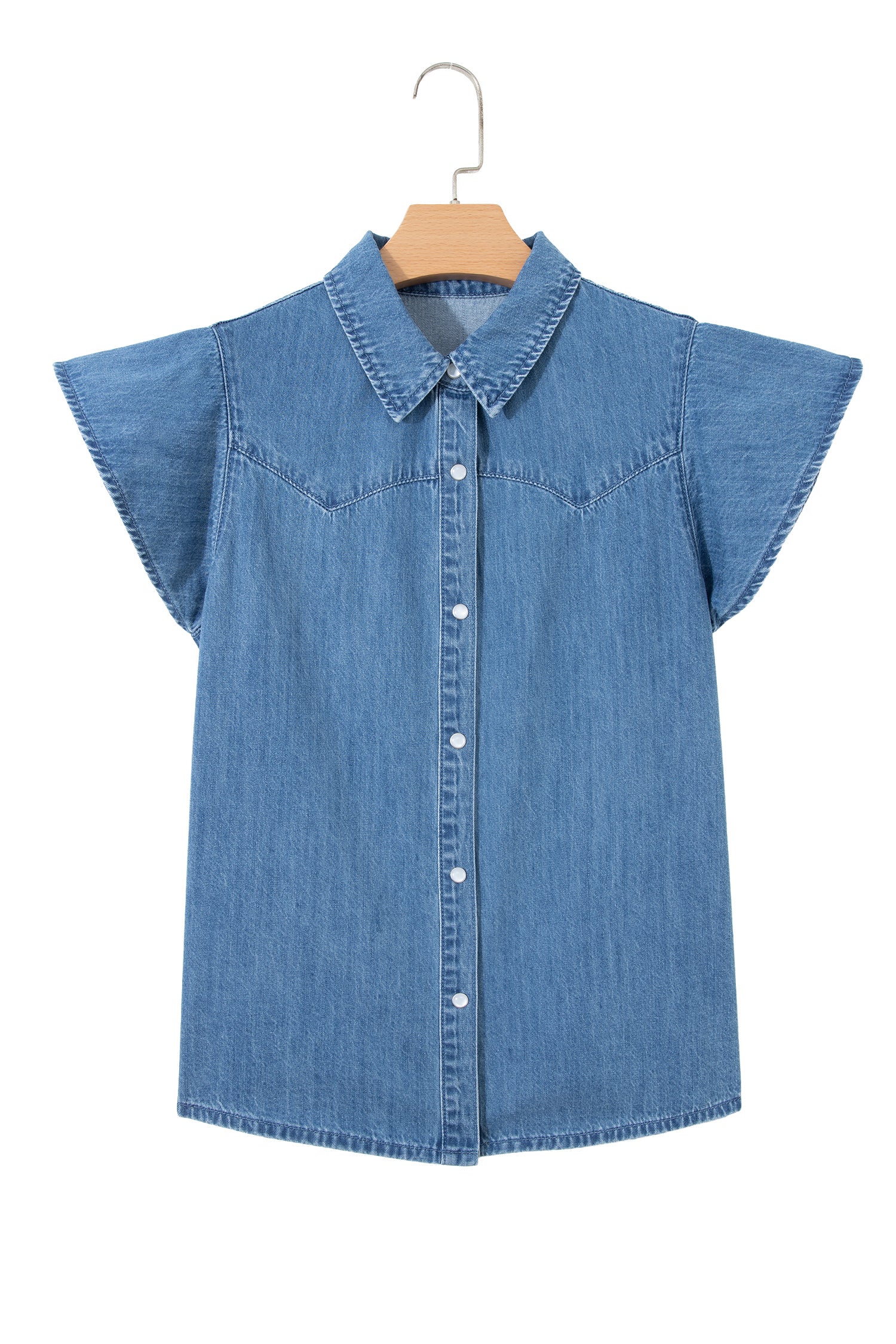Dusk Blue Ruffled Short Sleeve Denim Shirt-Tops/Blouses & Shirts-[Adult]-[Female]-2022 Online Blue Zone Planet