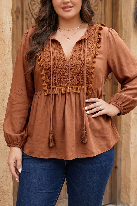 Chestnut Boho V Neck Embroidered Tassel Long Sleeve Plus Size Blouse-Plus Size/Plus Size Tops/Plus Size Blouses & Shirts-[Adult]-[Female]-Chestnut-1X-2022 Online Blue Zone Planet