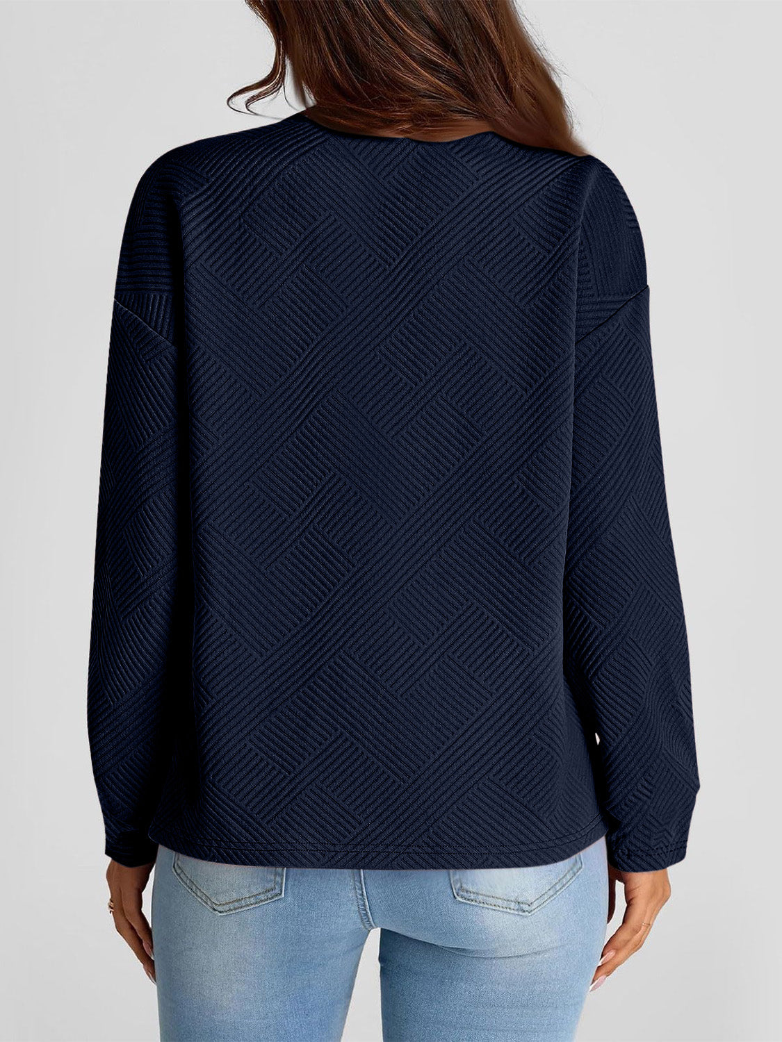 Full Size Texture Round Neck Long Sleeve Sweatshirt-TOPS / DRESSES-[Adult]-[Female]-Dark Navy-S-2022 Online Blue Zone Planet