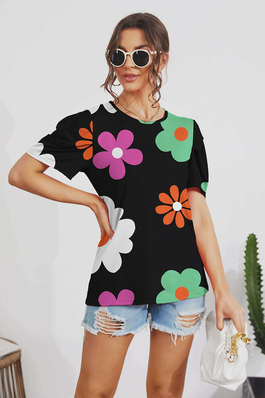 FAM-FAM Flower Round Neck Short Sleeve Blouse-TOPS / DRESSES-[Adult]-[Female]-Black-S-2022 Online Blue Zone Planet