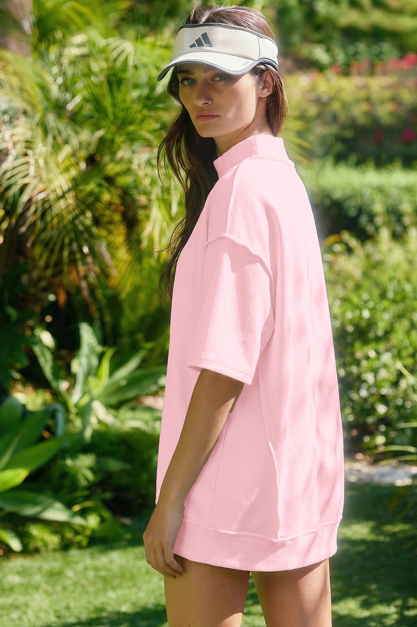Light Pink Solid Color Exposed Seam Mock Neck Oversize Tee Casual Shorts 2pcs Outfit-Two Piece Sets/Short Sets-[Adult]-[Female]-2022 Online Blue Zone Planet