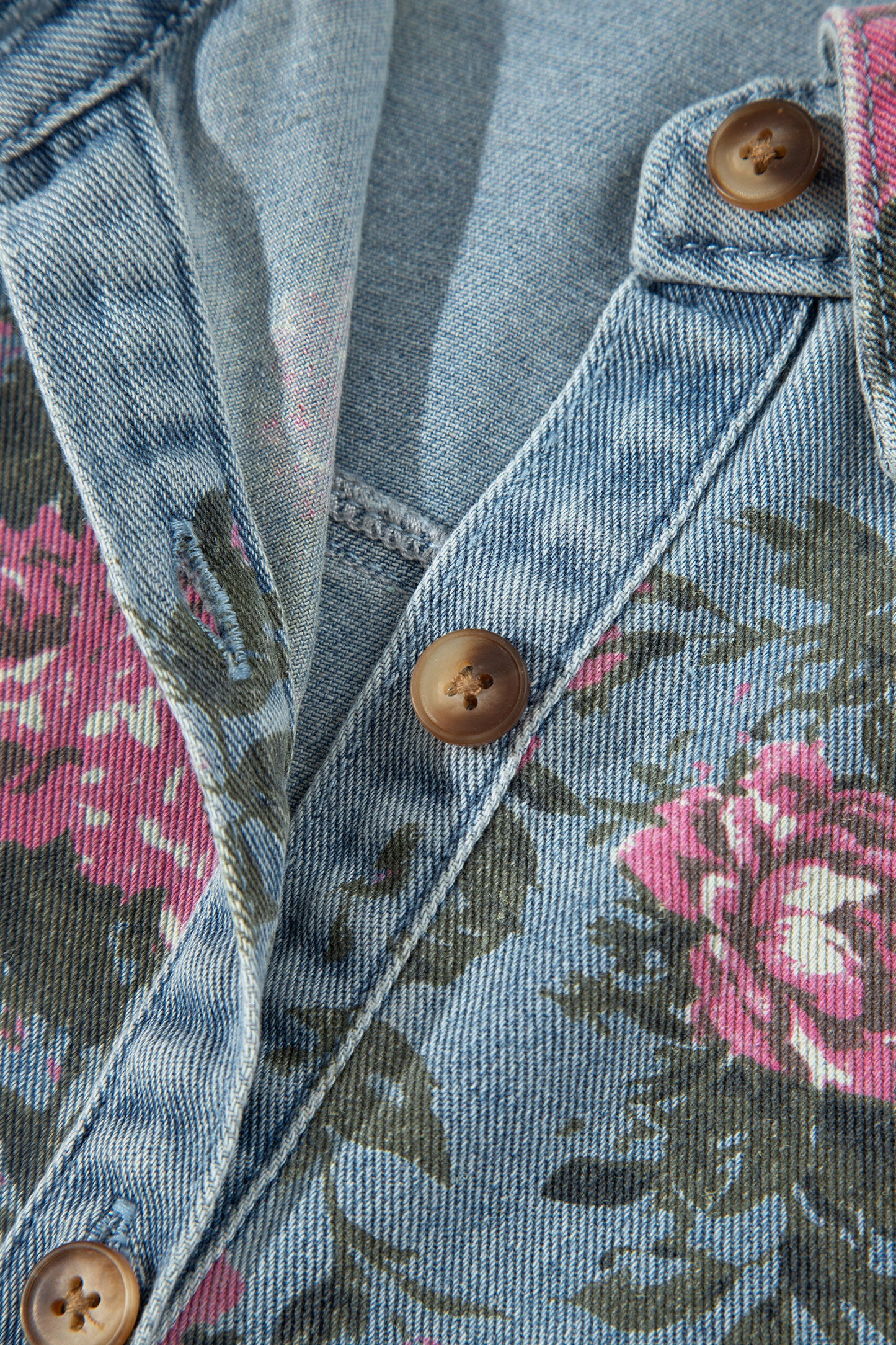 Sky Blue Floral Print Raw Seam Ruffle Hem Denim Jacket-Outerwear/Denim jackets-[Adult]-[Female]-2022 Online Blue Zone Planet