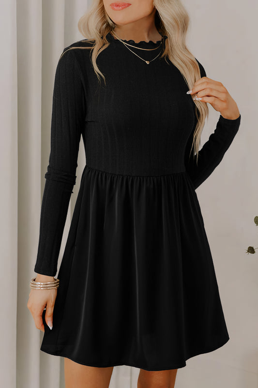 Black Frilled Neck Ribbed Knit Patchwork Long Sleeve Mini Dress-TOPS / DRESSES-[Adult]-[Female]-Black-S-2022 Online Blue Zone Planet
