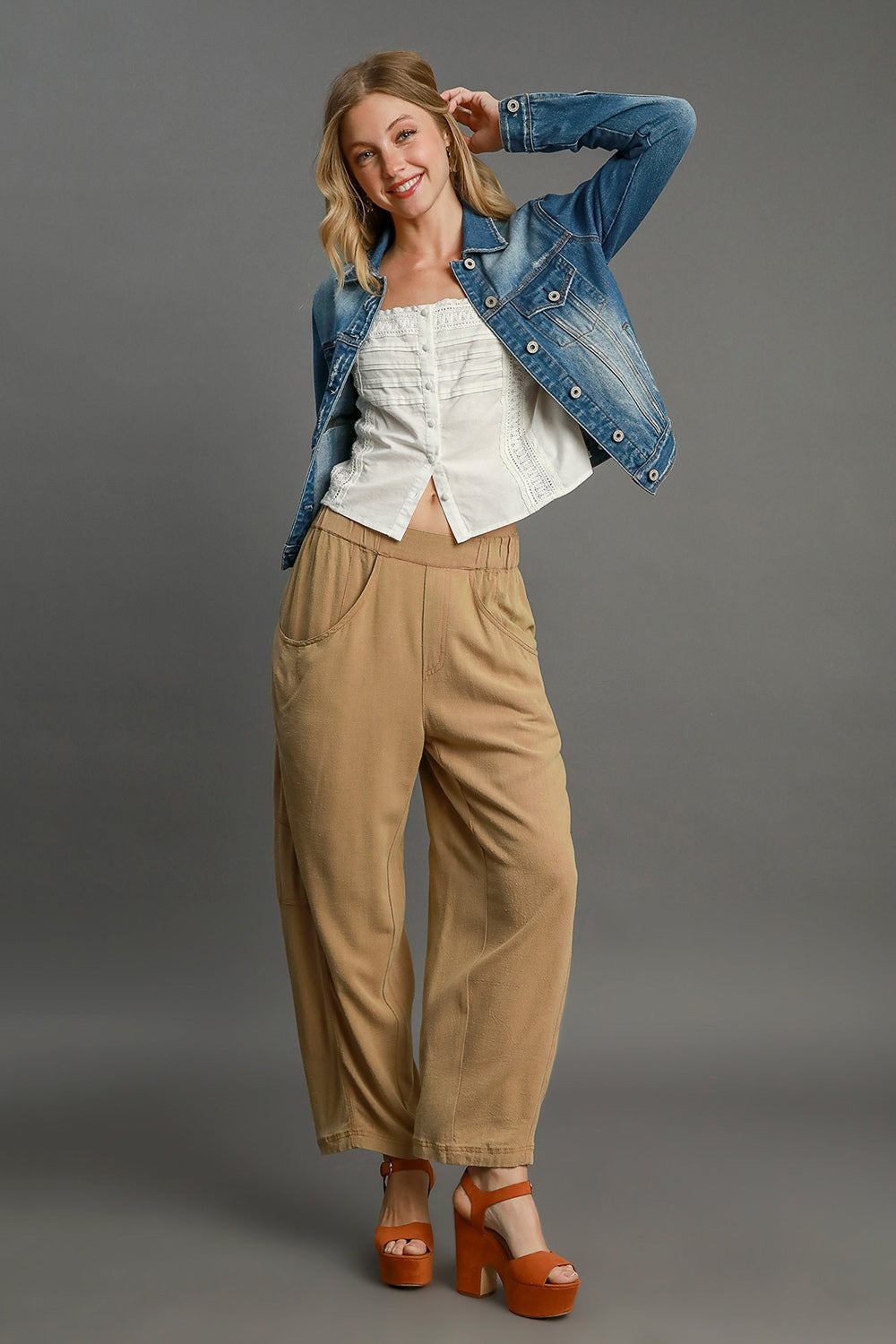 Umgee Elastic Waist Baggy Fit Pants with Pockets-BOTTOMS SIZES SMALL MEDIUM LARGE-[Adult]-[Female]-2022 Online Blue Zone Planet