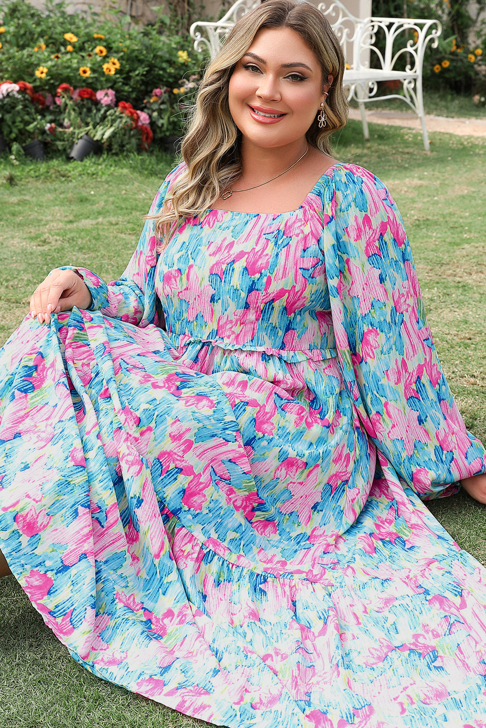 Blue Zone Planet | Sky Blue Floral Allover Print Shirred Square Neck Plus Size Maxi Dress-TOPS / DRESSES-[Adult]-[Female]-2022 Online Blue Zone Planet