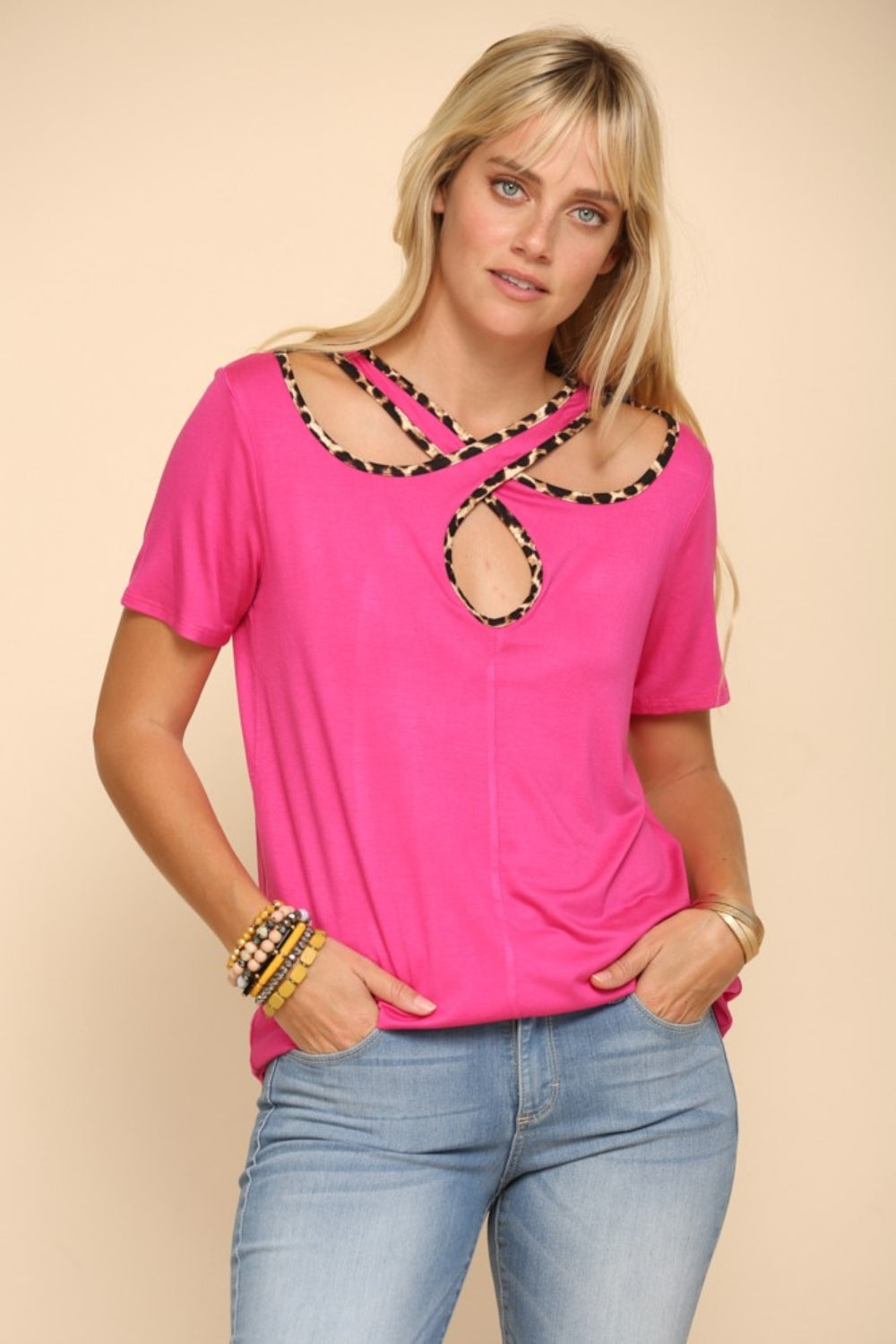 Celeste Full Size Crisscross Cutout Leopard Contrast Trim T-Shirt-TOPS / DRESSES-[Adult]-[Female]-Fuchsia-S-2022 Online Blue Zone Planet