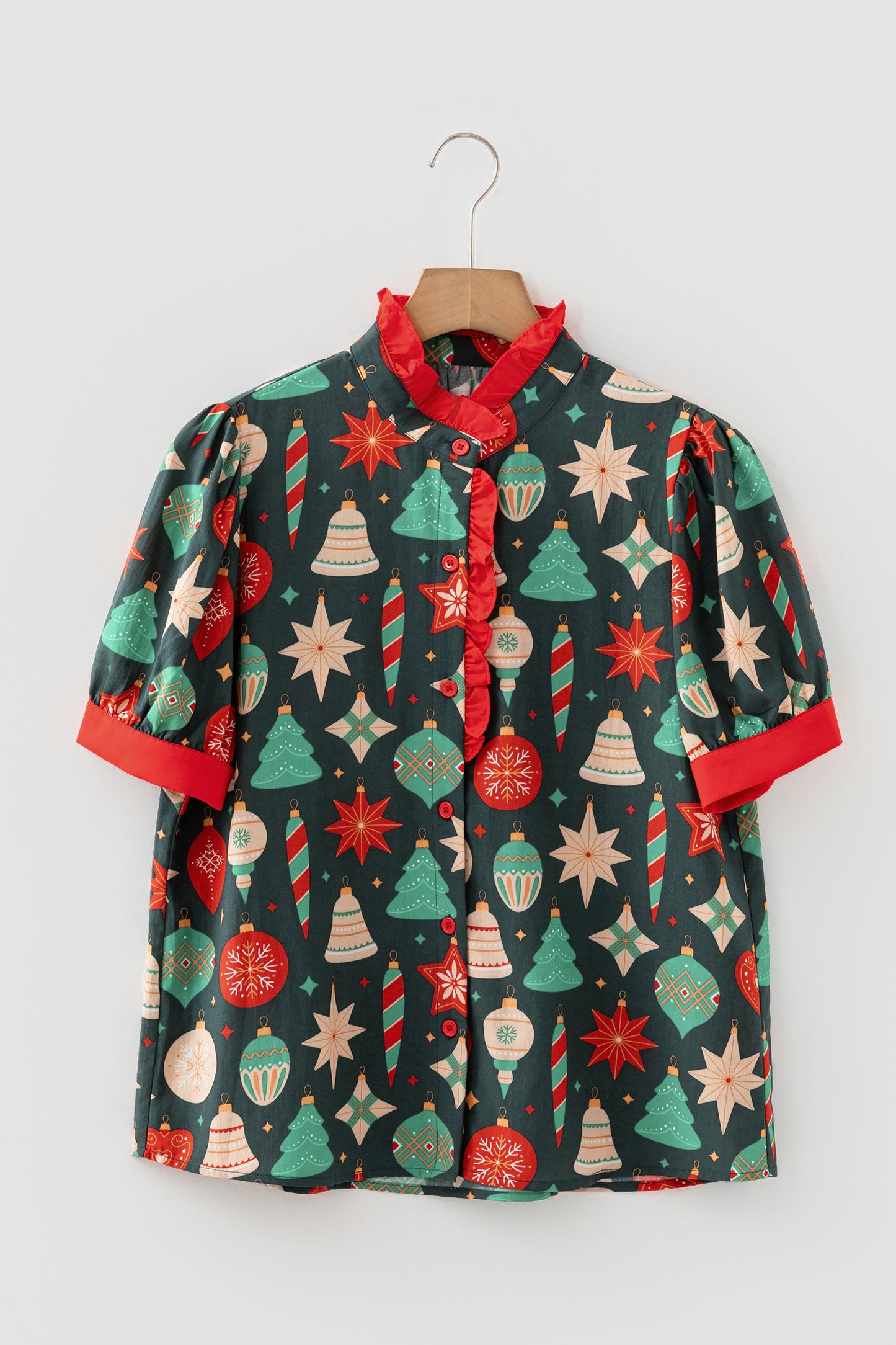 Green Christmas Fashion Print Contrast Trim Frilled Neck Short Sleeve Blouse-Tops/Blouses & Shirts-[Adult]-[Female]-2022 Online Blue Zone Planet