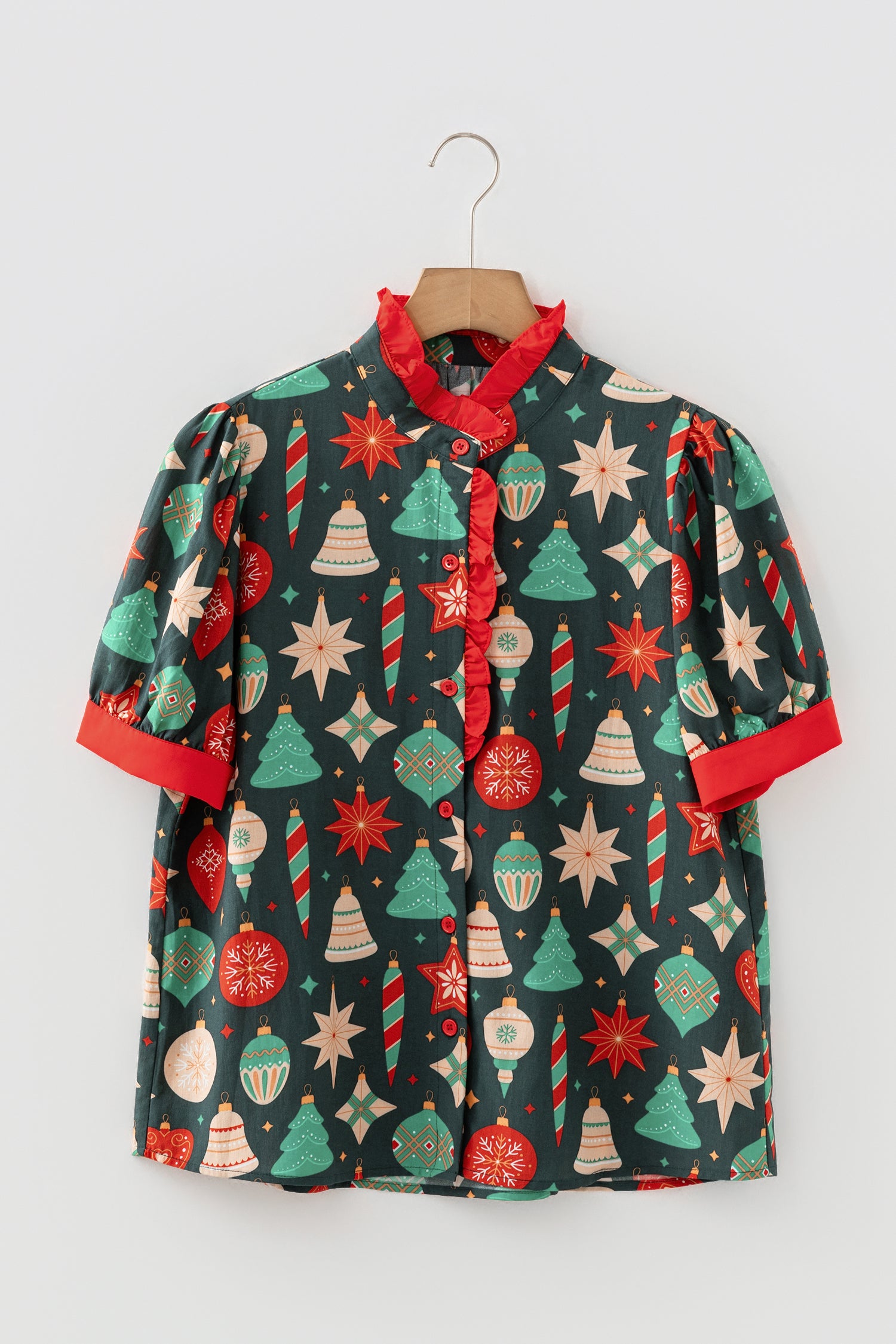 Green Christmas Fashion Print Contrast Trim Frilled Neck Short Sleeve Blouse-Tops/Blouses & Shirts-[Adult]-[Female]-2022 Online Blue Zone Planet