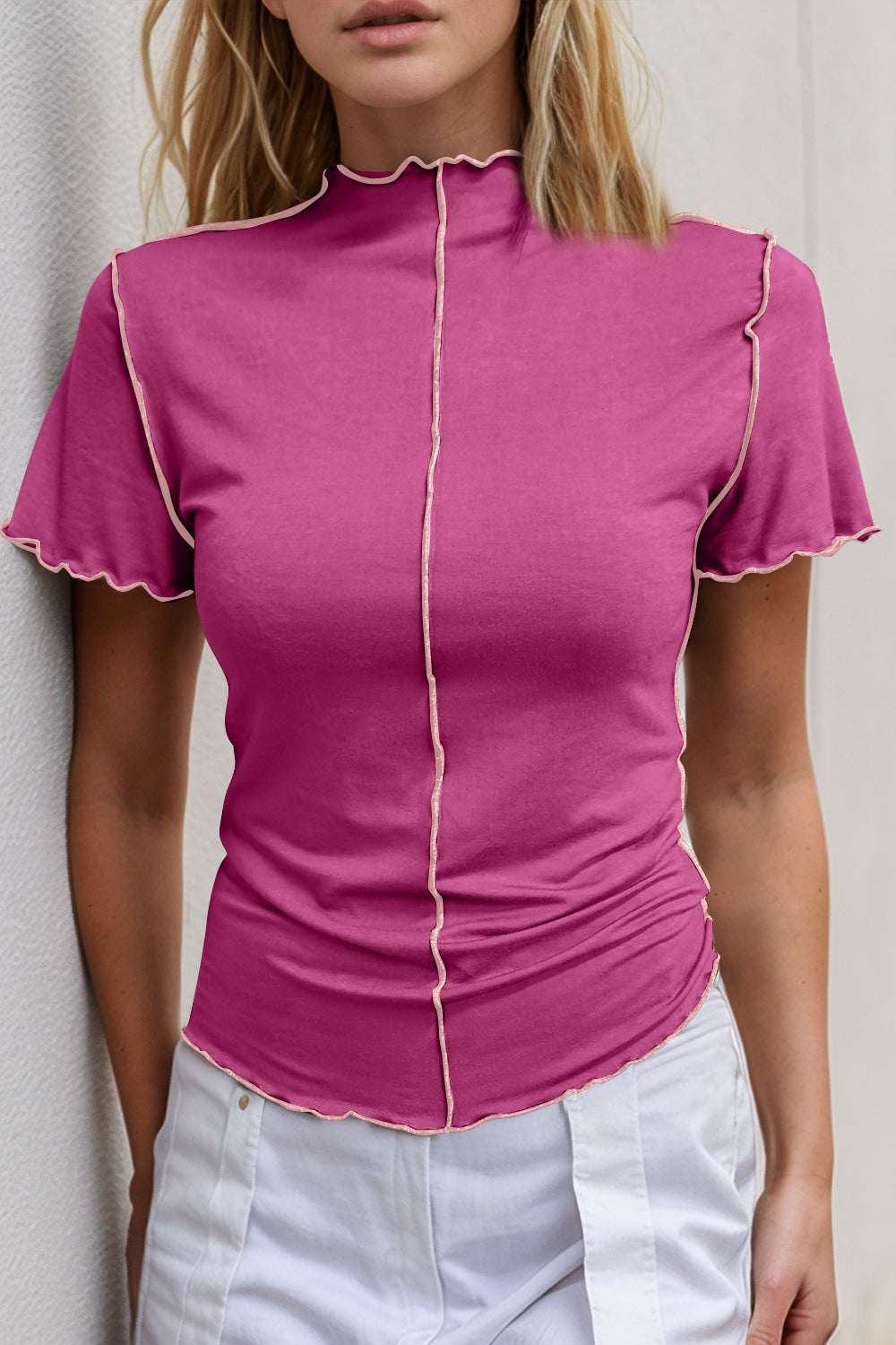 Basic Bae Contrast Trim Mock Neck Short Sleeve T-Shirt-TOPS / DRESSES-[Adult]-[Female]-Hot Pink-S-2022 Online Blue Zone Planet