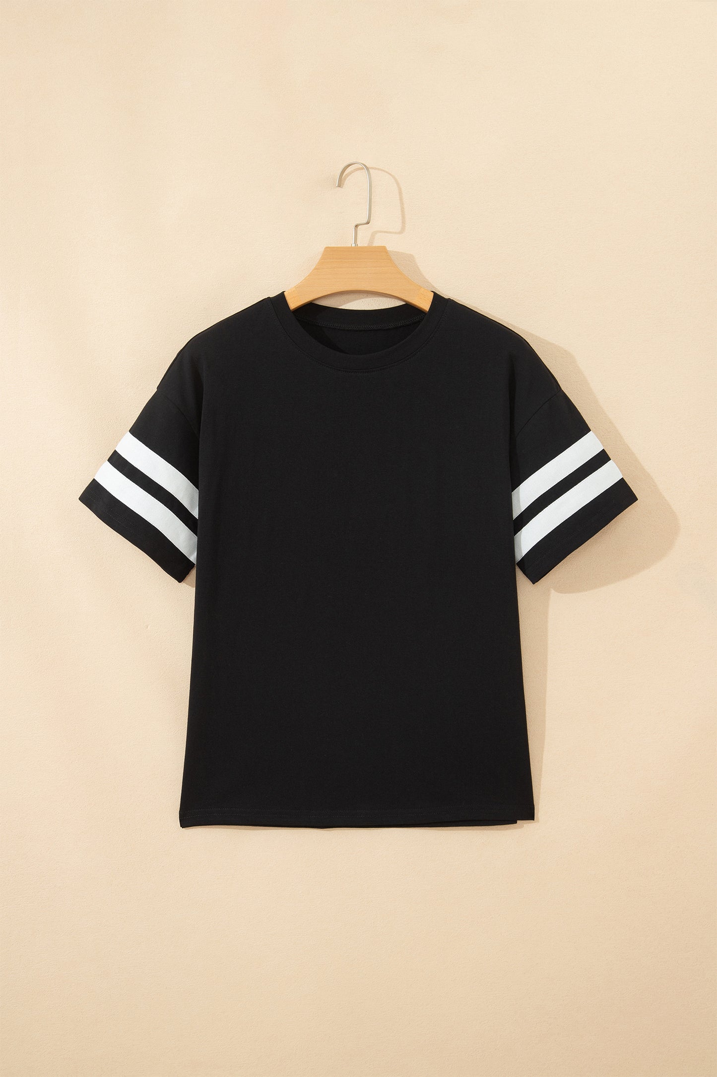 Dark Blue Varsity Striped Short Sleeve Crew Neck T Shirt-Tops/Tops & Tees-[Adult]-[Female]-2022 Online Blue Zone Planet