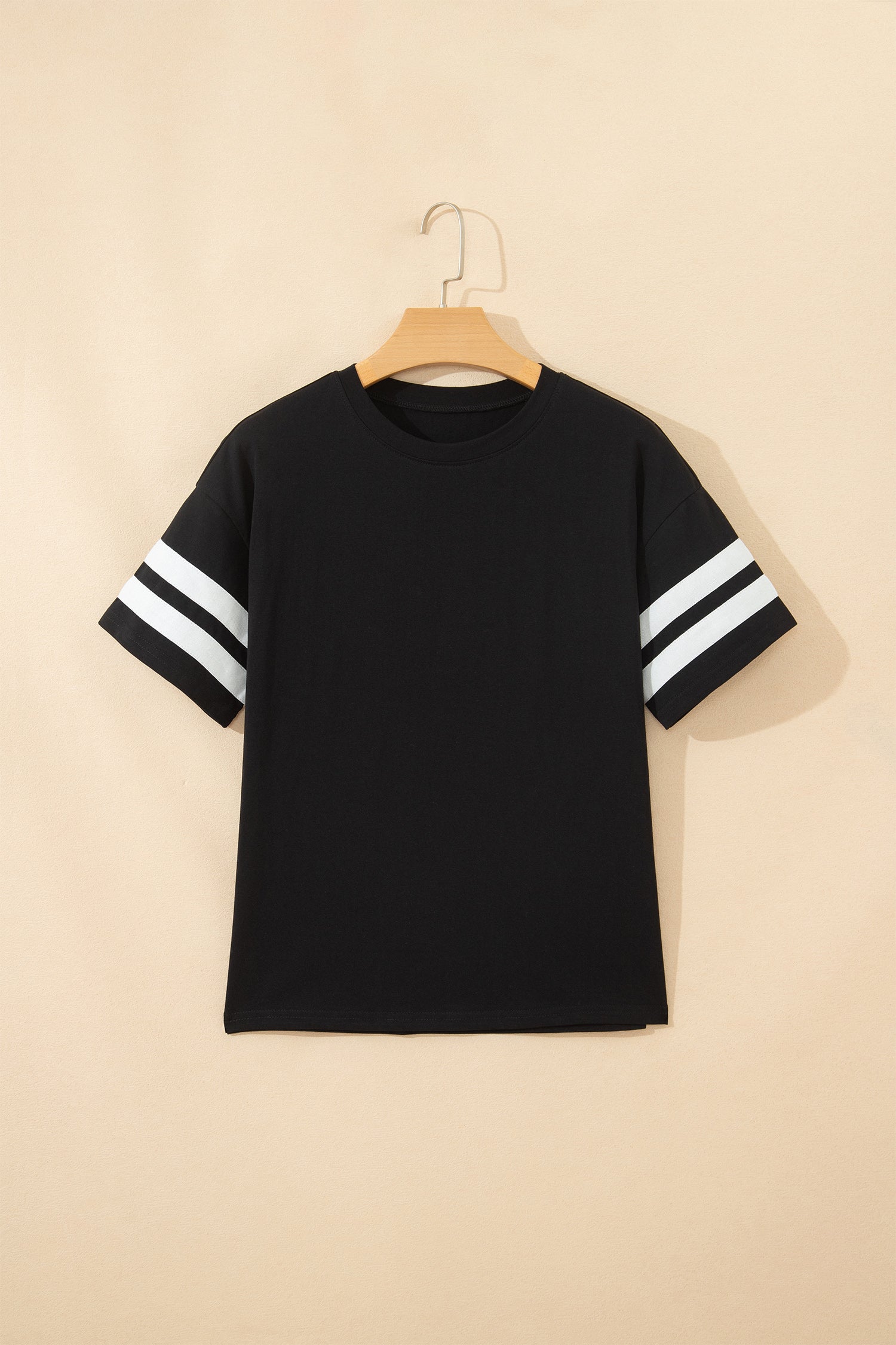Dark Blue Varsity Striped Short Sleeve Crew Neck T Shirt-Tops/Tops & Tees-[Adult]-[Female]-2022 Online Blue Zone Planet