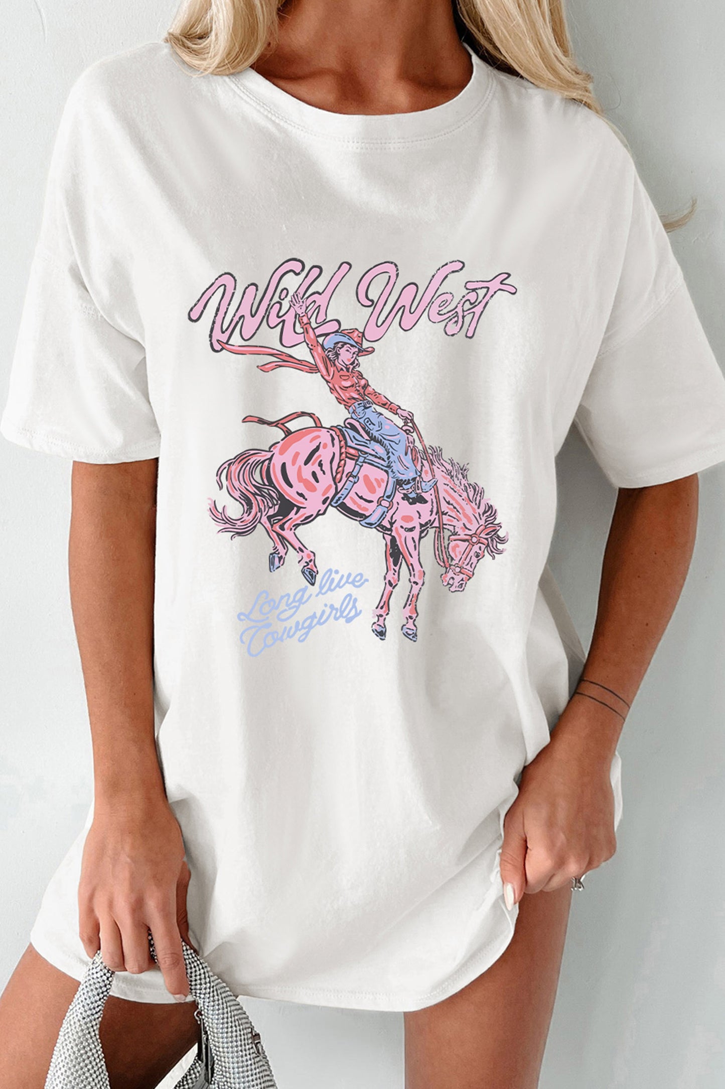 White Wild West Cowgirl Rodeo Graphic Tunic Tee-Graphic/Graphic Tees-[Adult]-[Female]-2022 Online Blue Zone Planet
