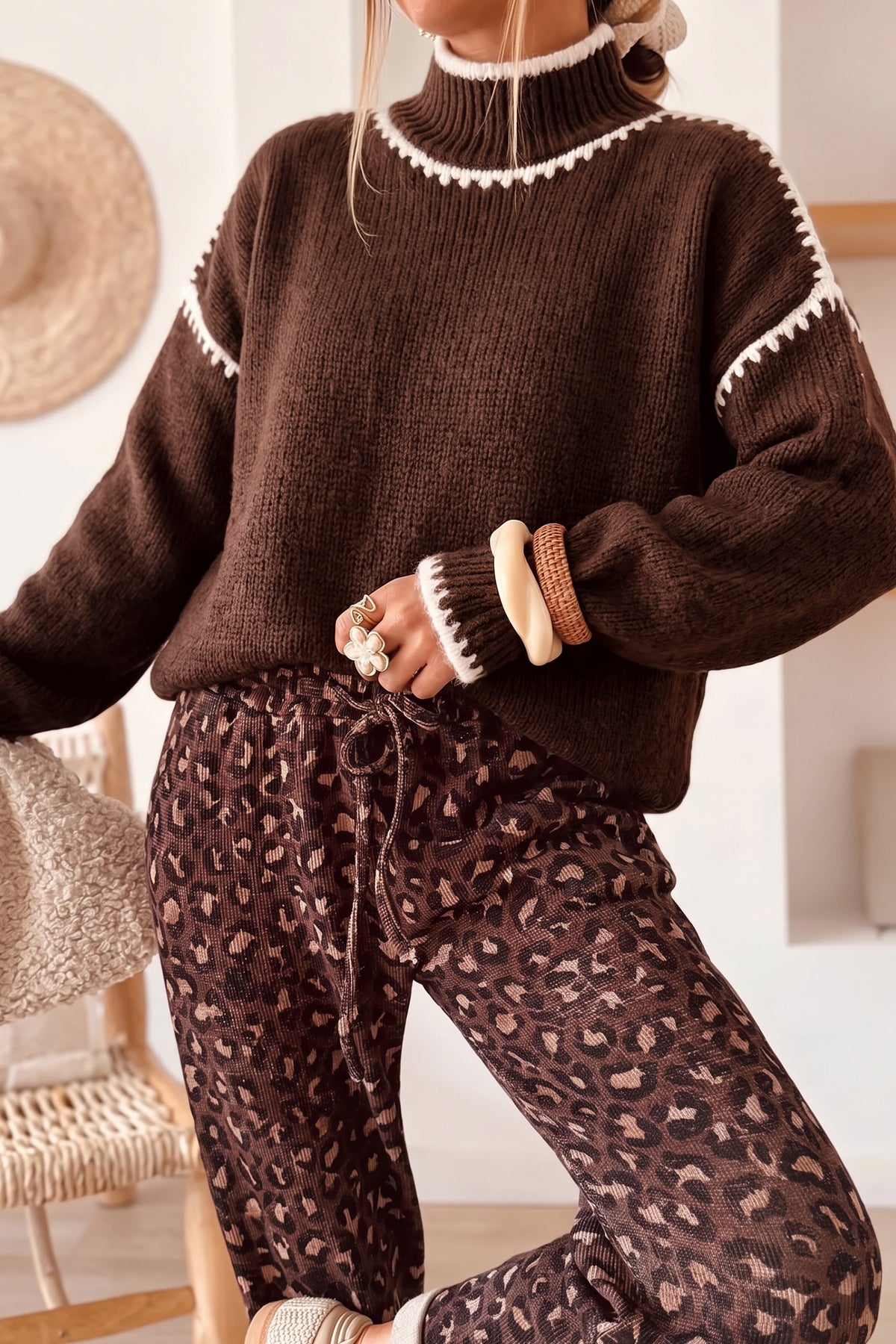 Dark Khaki Contrast Trim Mock Neck Drop Shoulder Relaxed Sweater