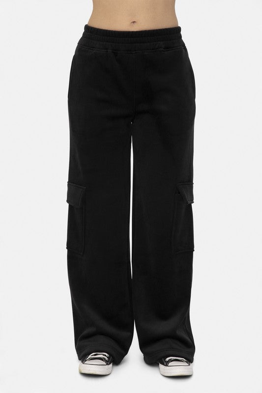 Mono B Elastic Waist Corduroy Cargo Pants-BOTTOMS SIZES SMALL MEDIUM LARGE-[Adult]-[Female]-Black-S-2022 Online Blue Zone Planet