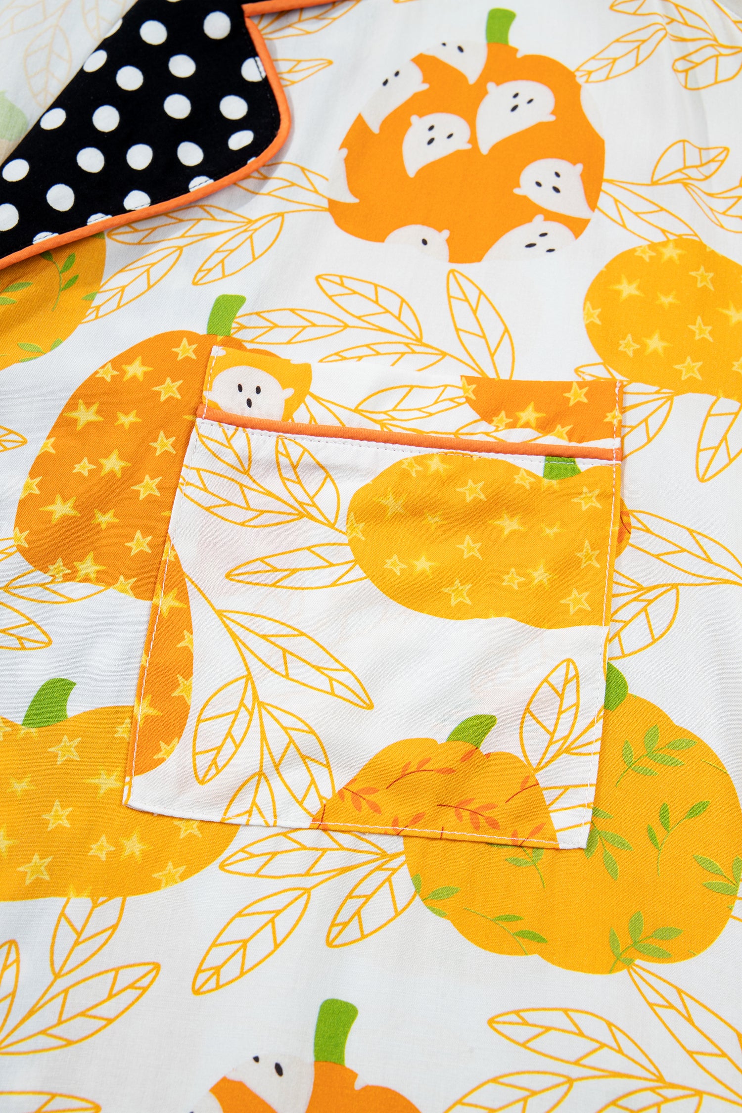 Orange Short Sleeve Pumpkin Print Polka Dot Trim Pocket Pocket Placket Home Wear Lounge Set-Loungewear & Sleepwear/Loungewear-[Adult]-[Female]-2022 Online Blue Zone Planet