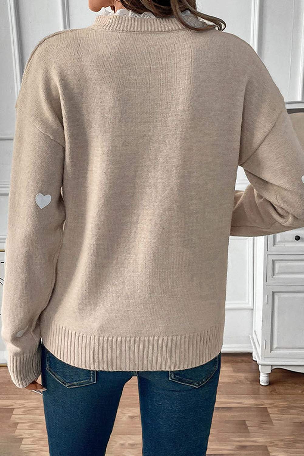 Smoke Gray Heart Print Lace Splicing V Neck Valentines Sweater-TOPS / DRESSES-[Adult]-[Female]-2022 Online Blue Zone Planet
