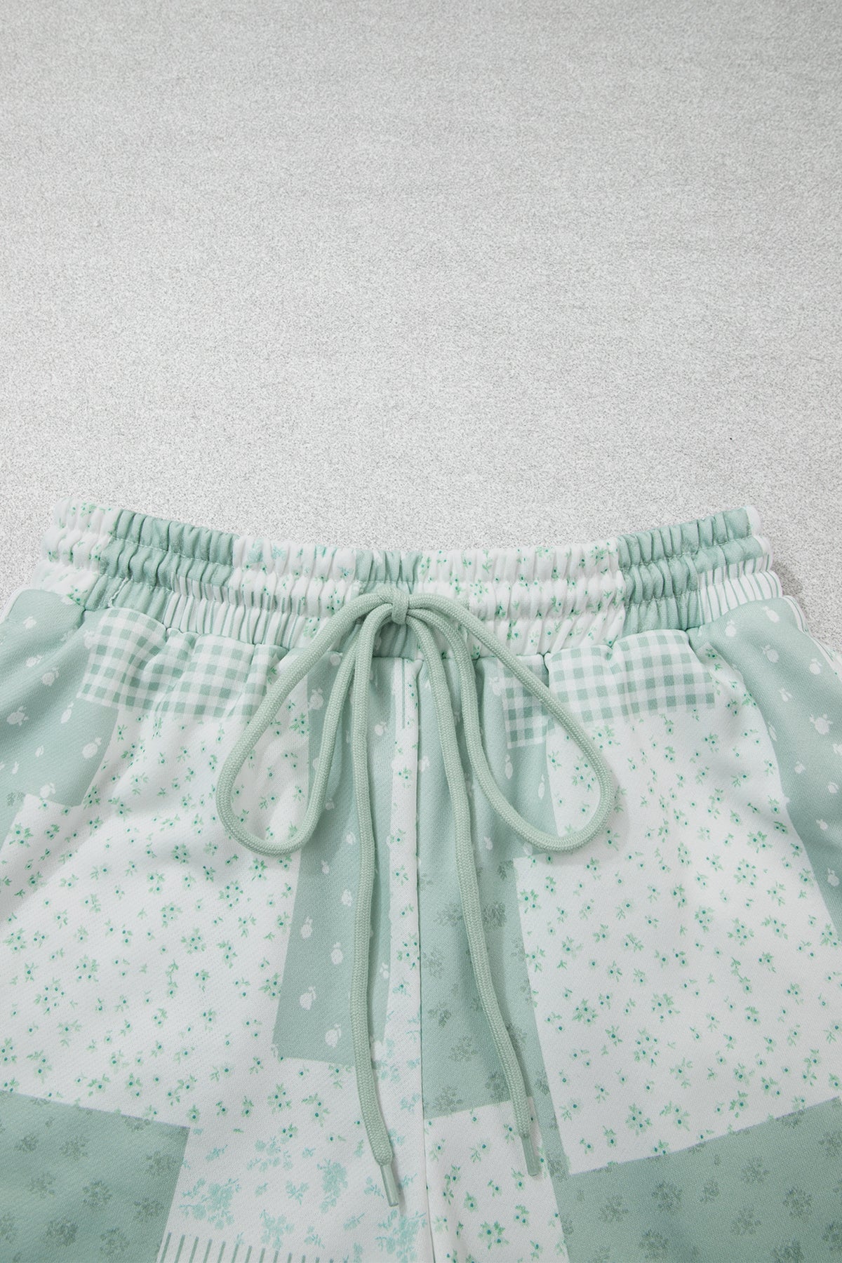 Green Patchwork Floral Print Drop Shoulder Baggy Pullover Drawstring Shorts Set-Two Piece Sets/Short Sets-[Adult]-[Female]-2022 Online Blue Zone Planet