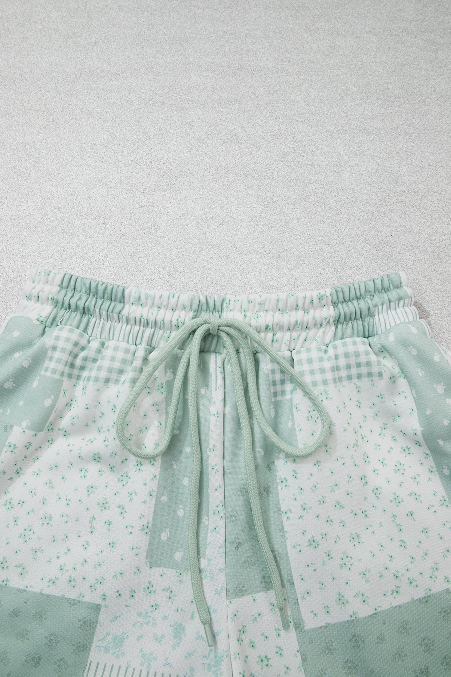 Green Patchwork Floral Print Drop Shoulder Baggy Pullover Drawstring Shorts Set-Two Piece Sets/Short Sets-[Adult]-[Female]-2022 Online Blue Zone Planet