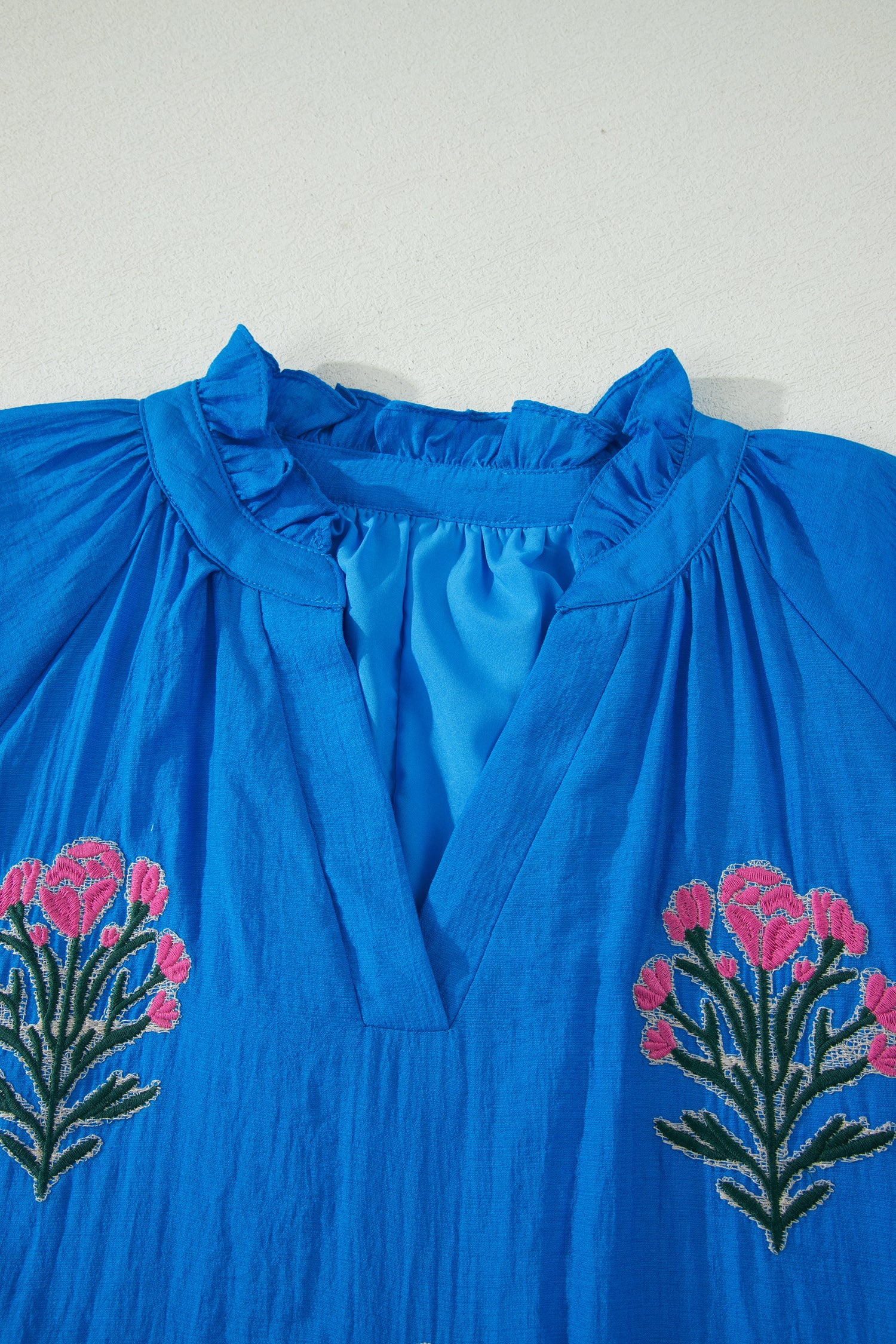 Blue Flower Embroidered Split Neck Short Puff Sleeve Ruffle Hem Dress-TOPS / DRESSES-[Adult]-[Female]-2022 Online Blue Zone Planet